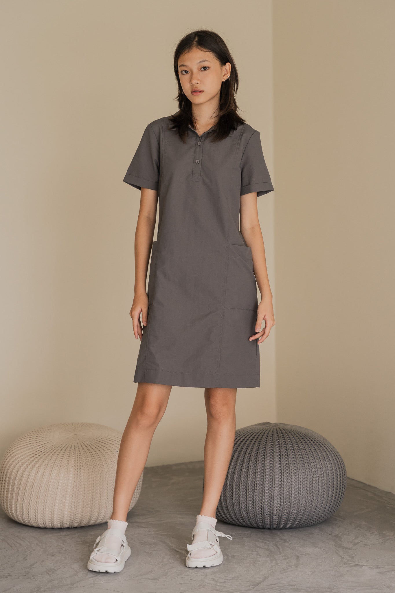 Nylon Shirt Shift Dress in Ash
