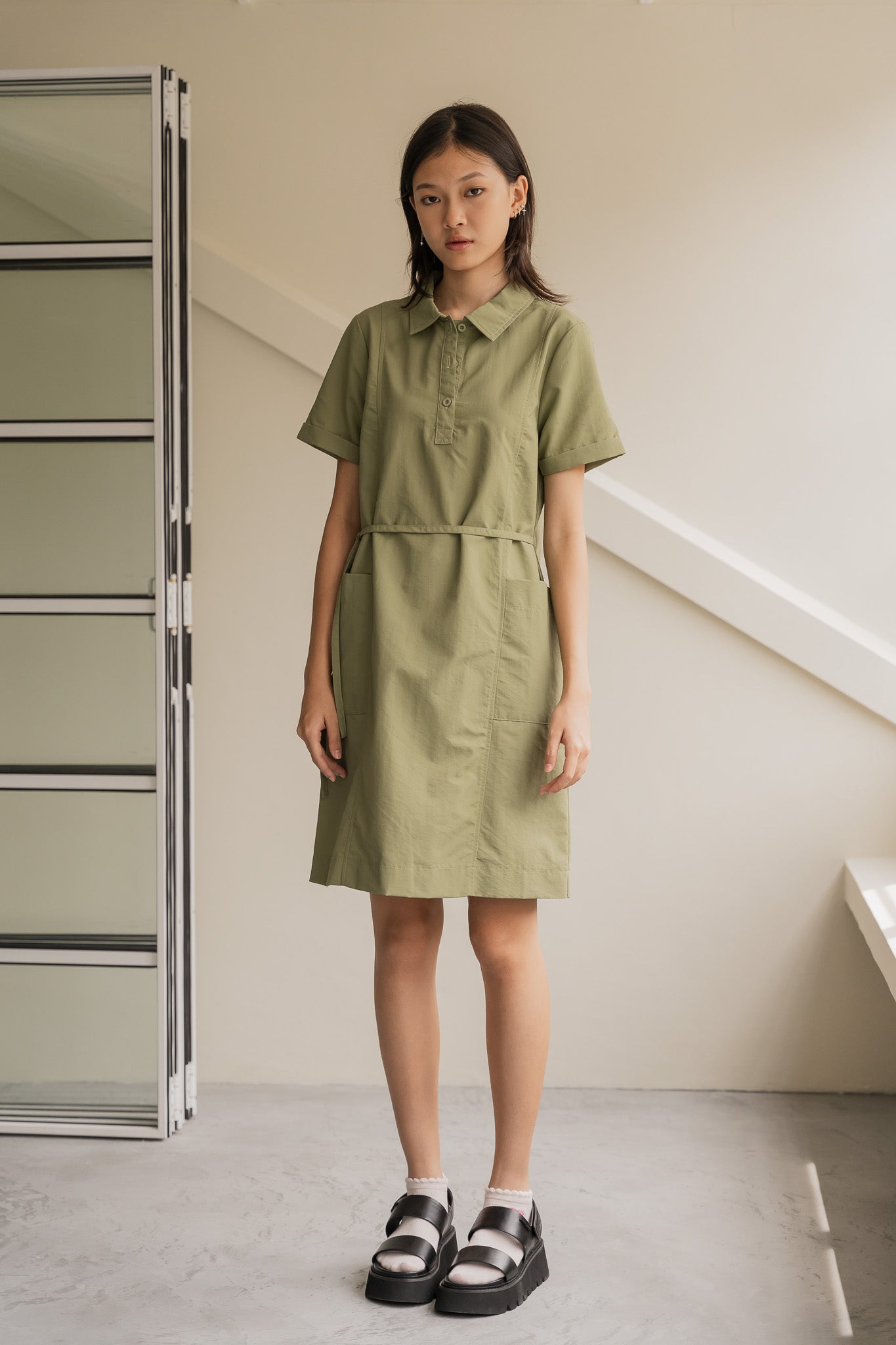 Nylon Shirt Shift Dress in Olive
