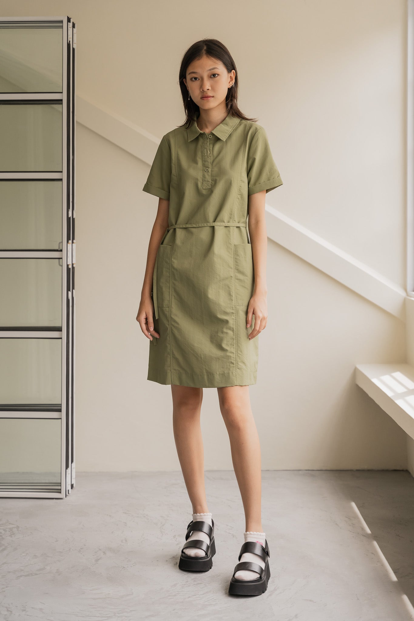 Nylon Shirt Shift Dress in Olive