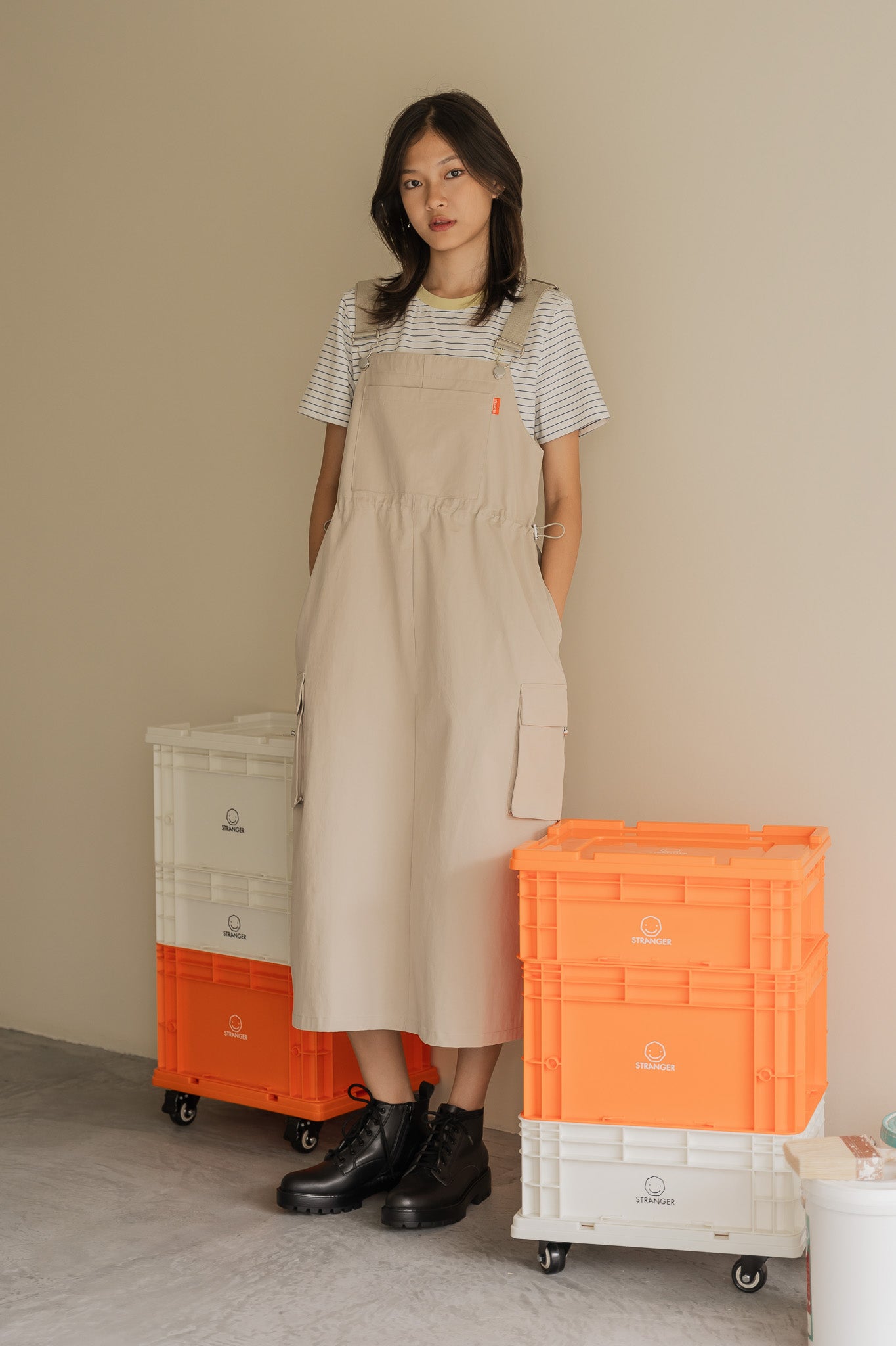 Utility Dungaree Dress in Cream First Stitch Utility Dungaree Dress in Cream First Stitch