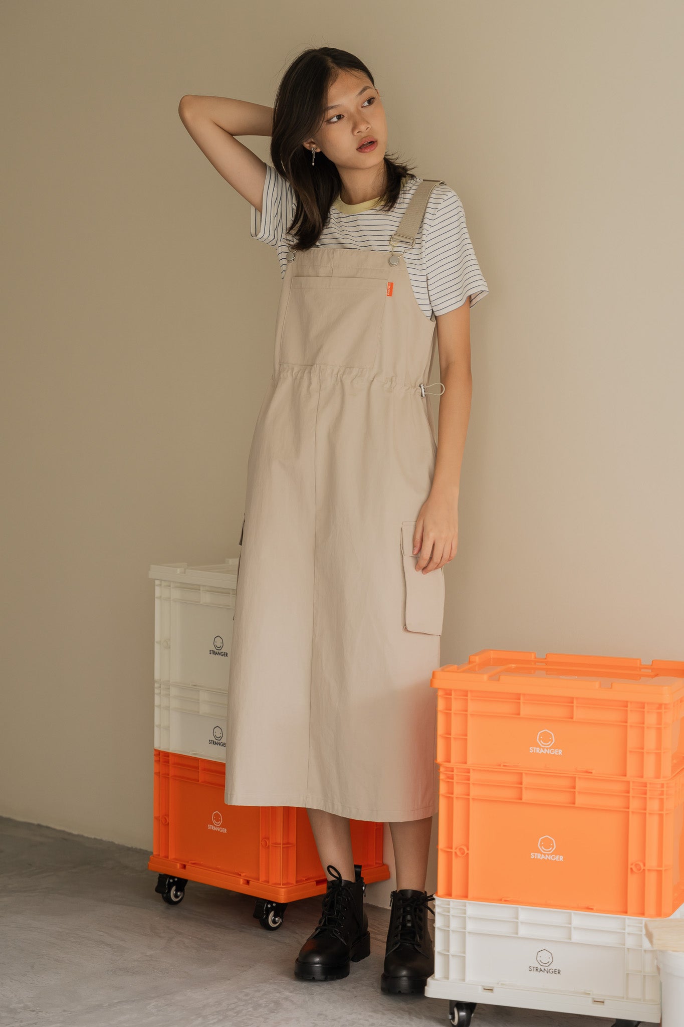 Utility Dungaree Dress in Cream
