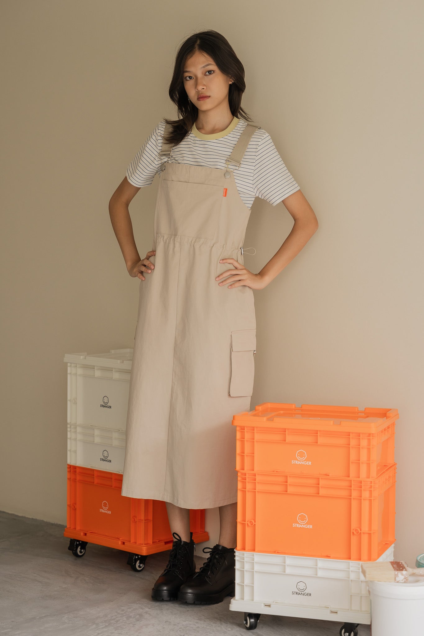 Utility Dungaree Dress in Cream