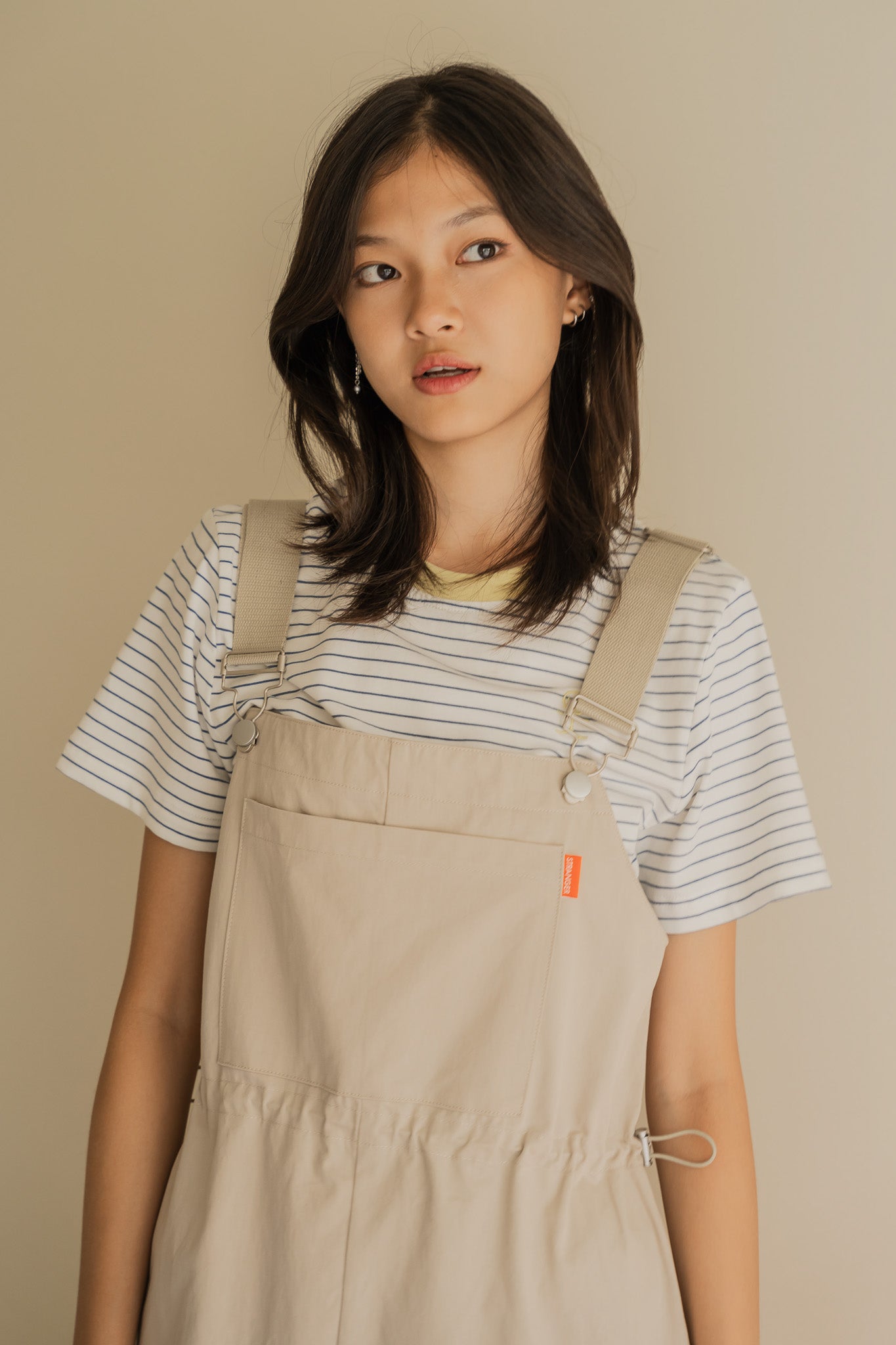 Utility Dungaree Dress in Cream