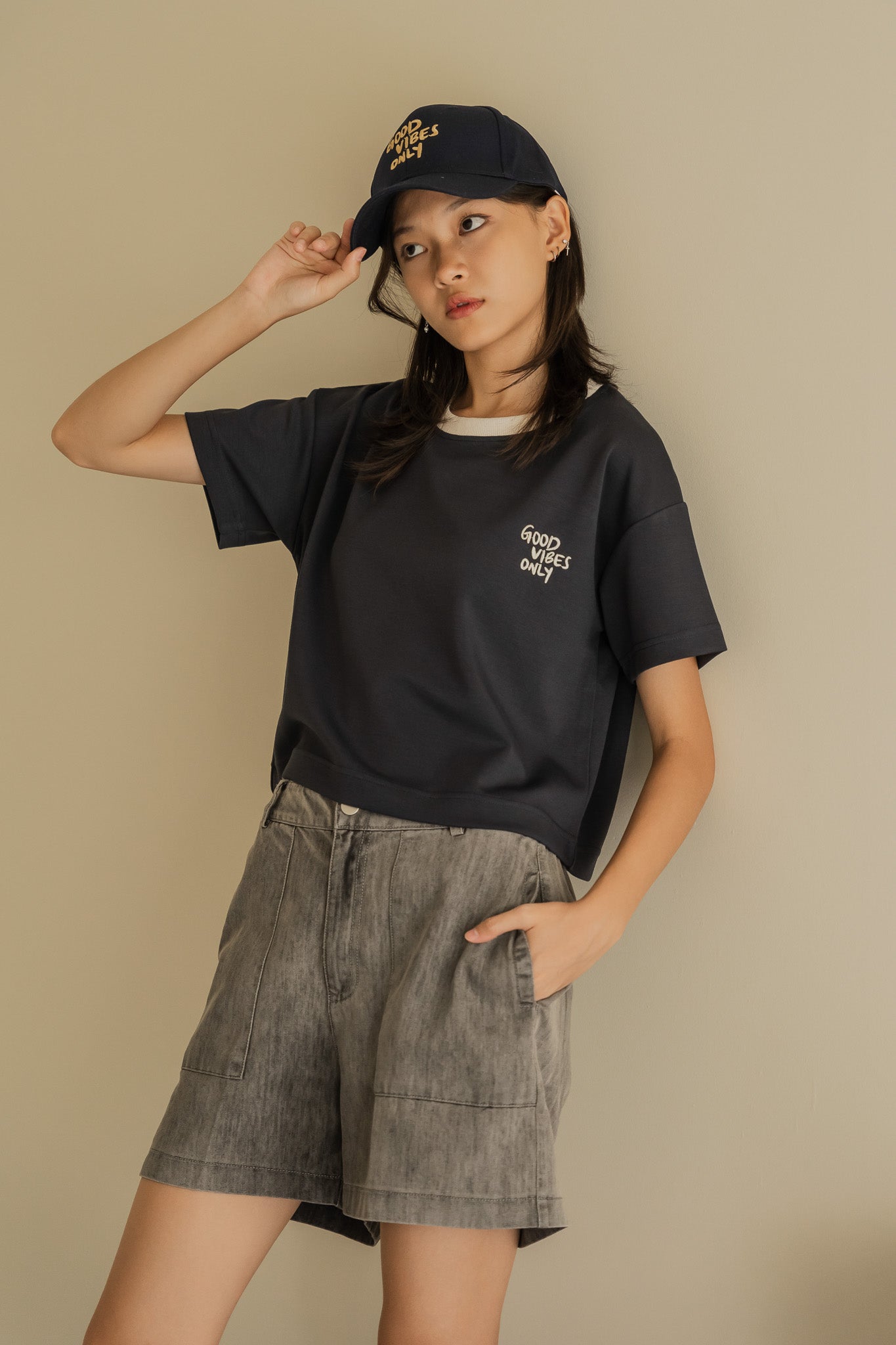 Good Vibes Only Scuba Knit Oversized Tee in Navy/Cream