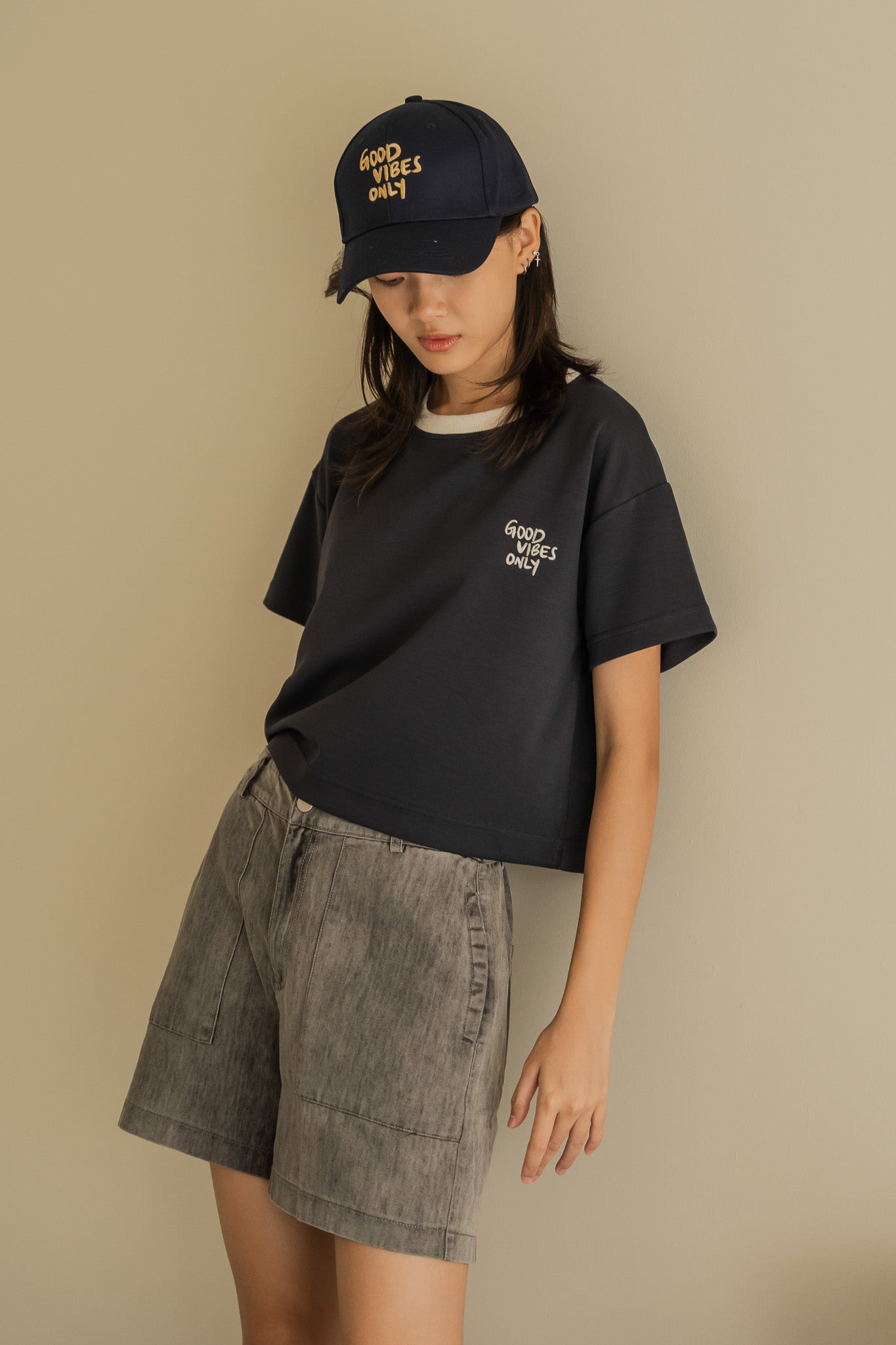 Good Vibes Only Scuba Knit Oversized Tee in Navy/Cream