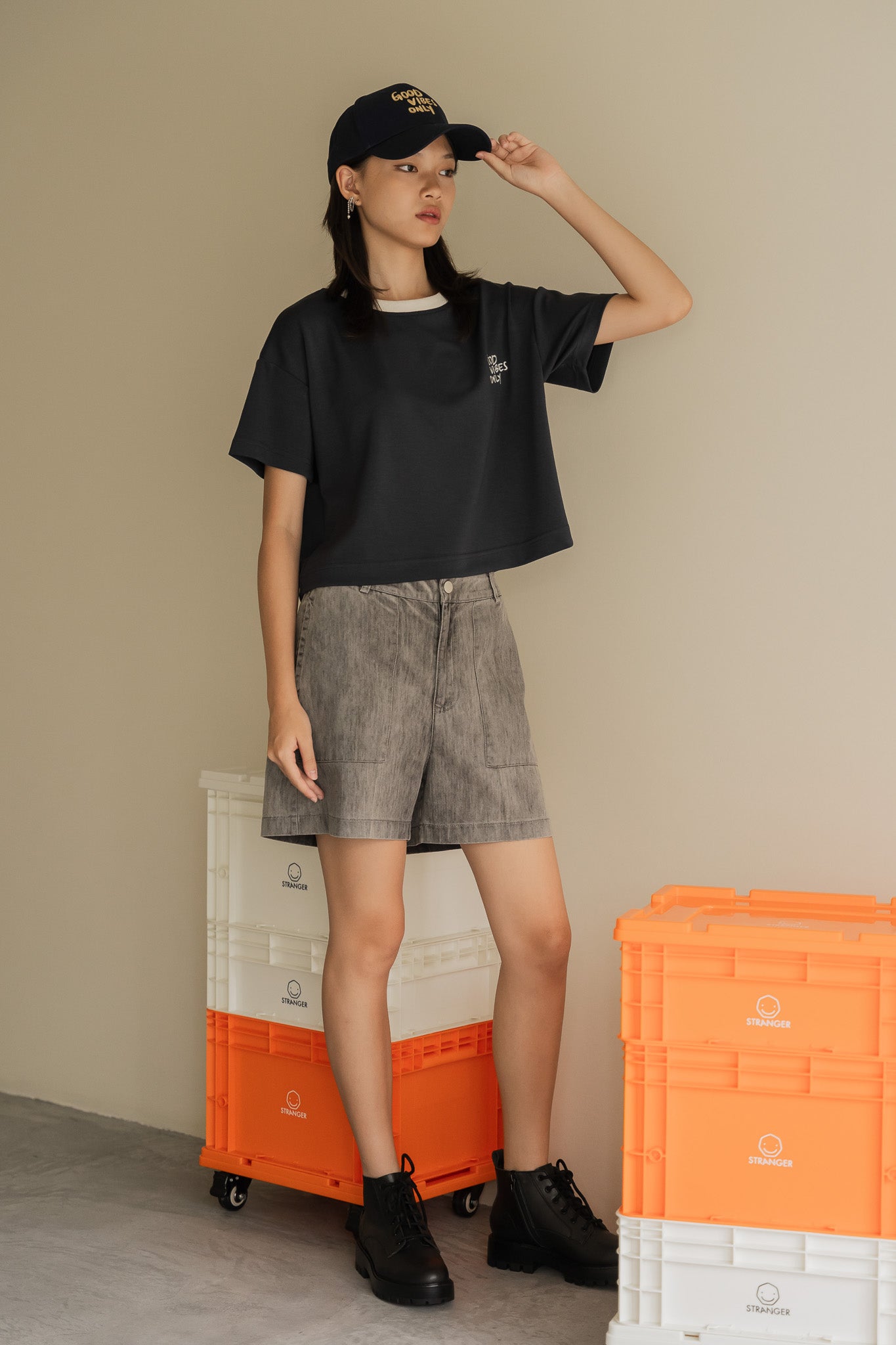 Good Vibes Only Scuba Knit Oversized Tee in Navy/Cream