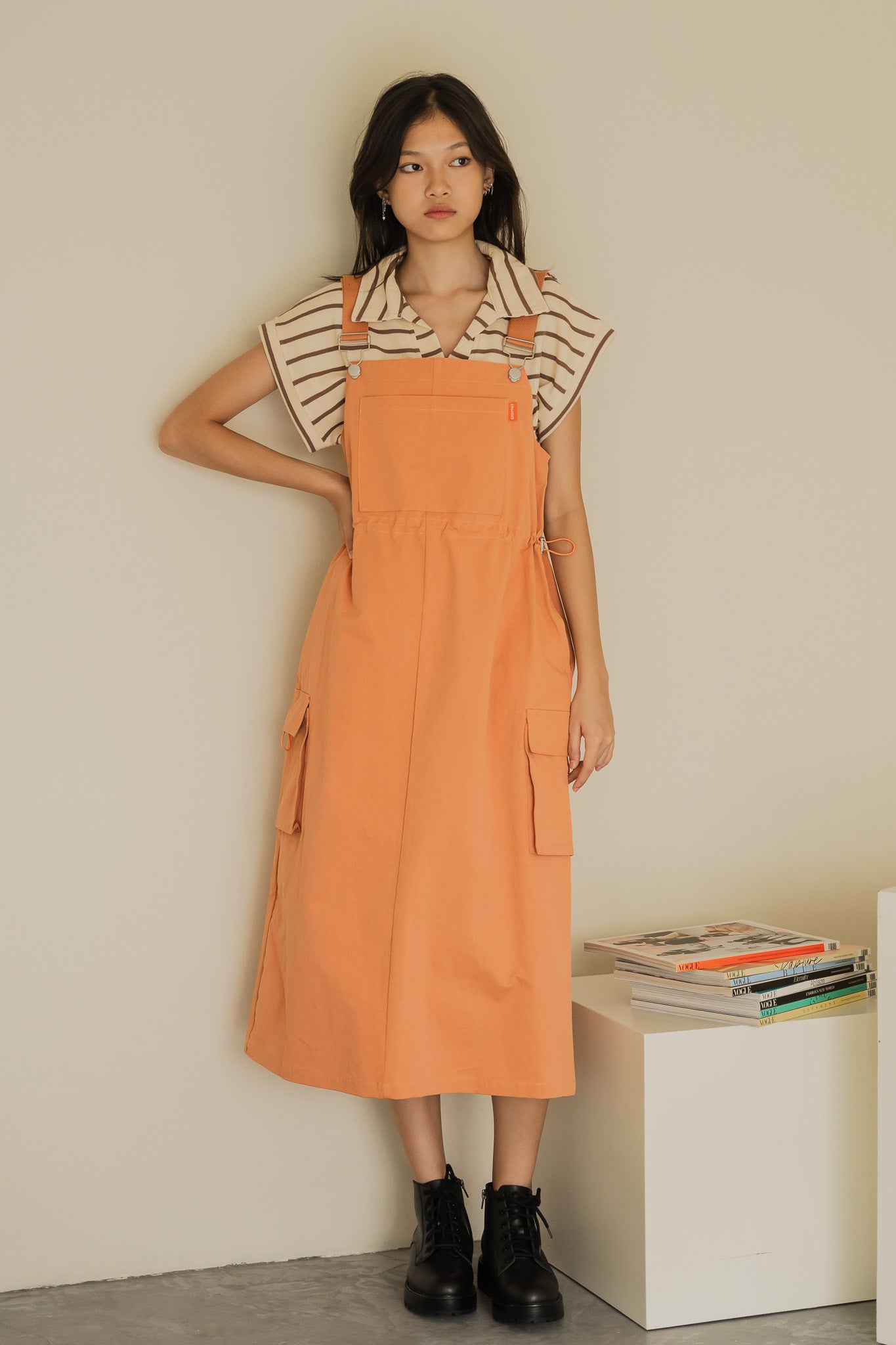 Utility Dungaree Dress in Orange