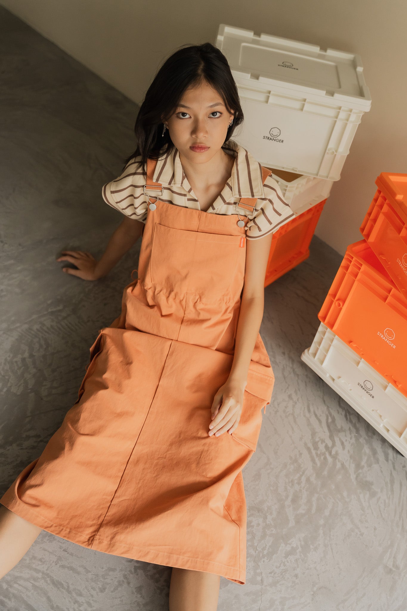 Utility Dungaree Dress in Orange