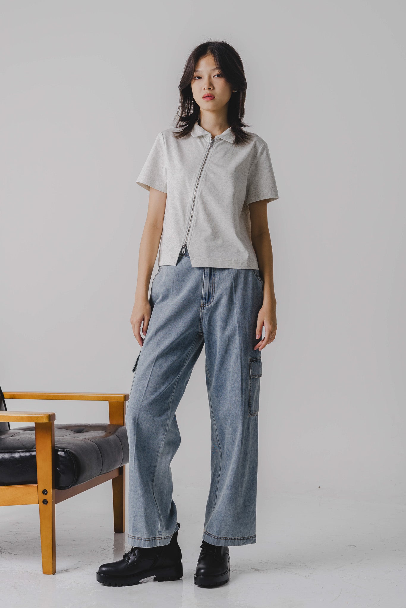 Slant Zip Cropped Polo Tee in Light Grey