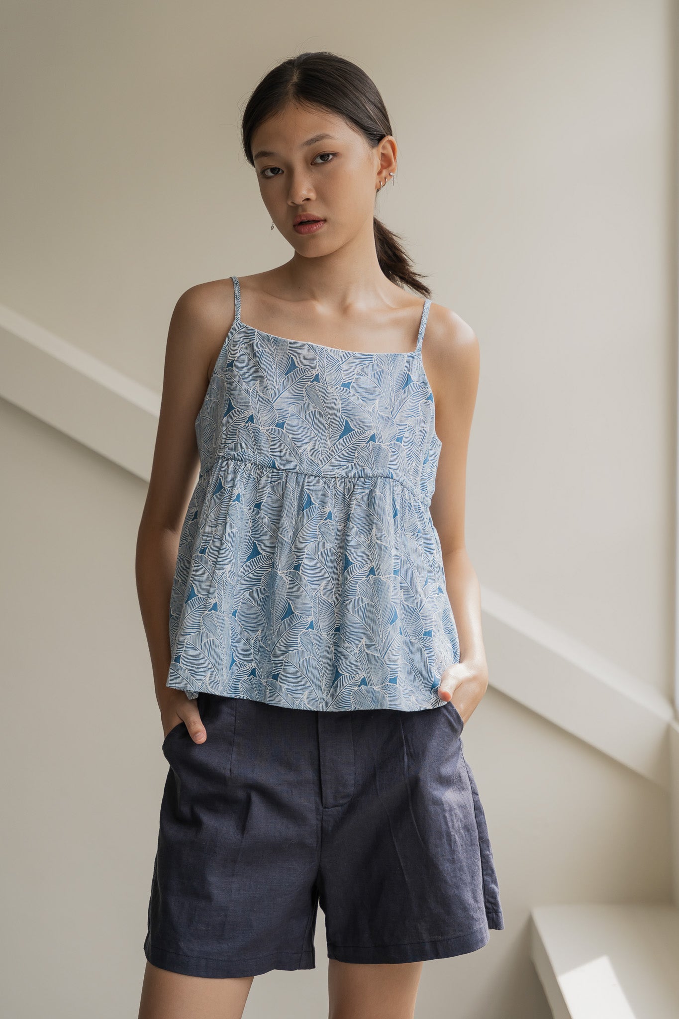 Leaf Print Babydoll Blouse in Blue