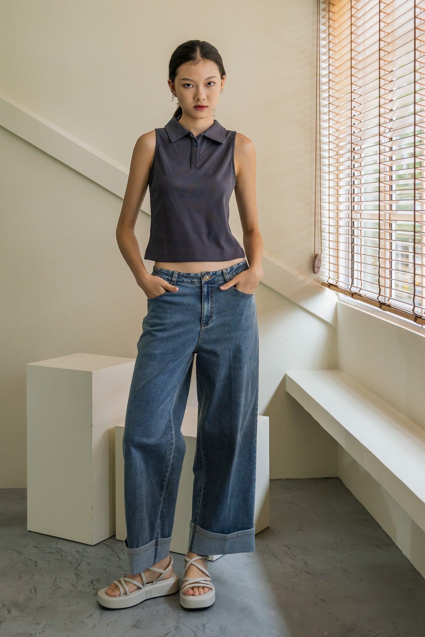 Ribbed Sleeveless Polo Tee in Dark Blue