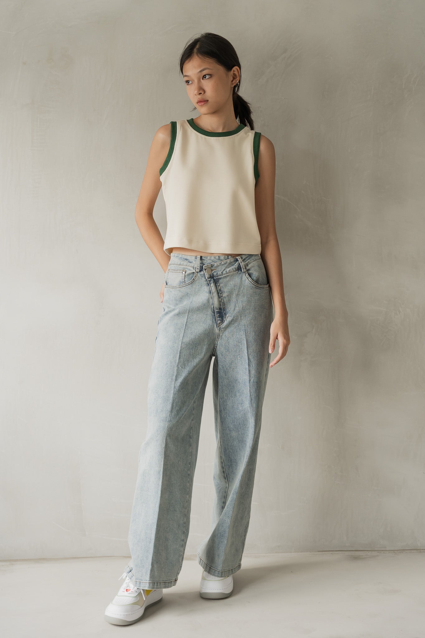 Scuba Knit Sleeveless Cropped Top in Cream/Green