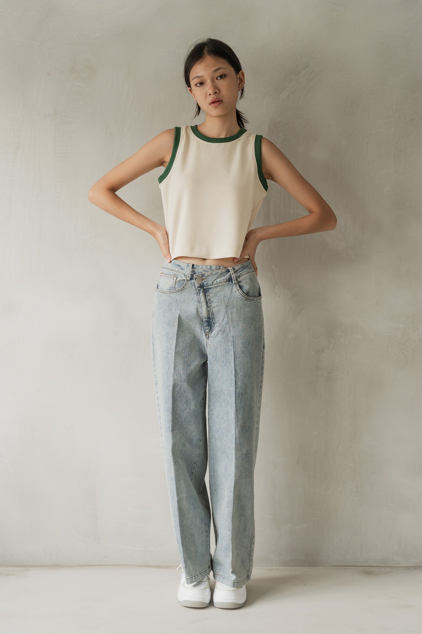 Scuba Knit Sleeveless Cropped Top in Cream/Green