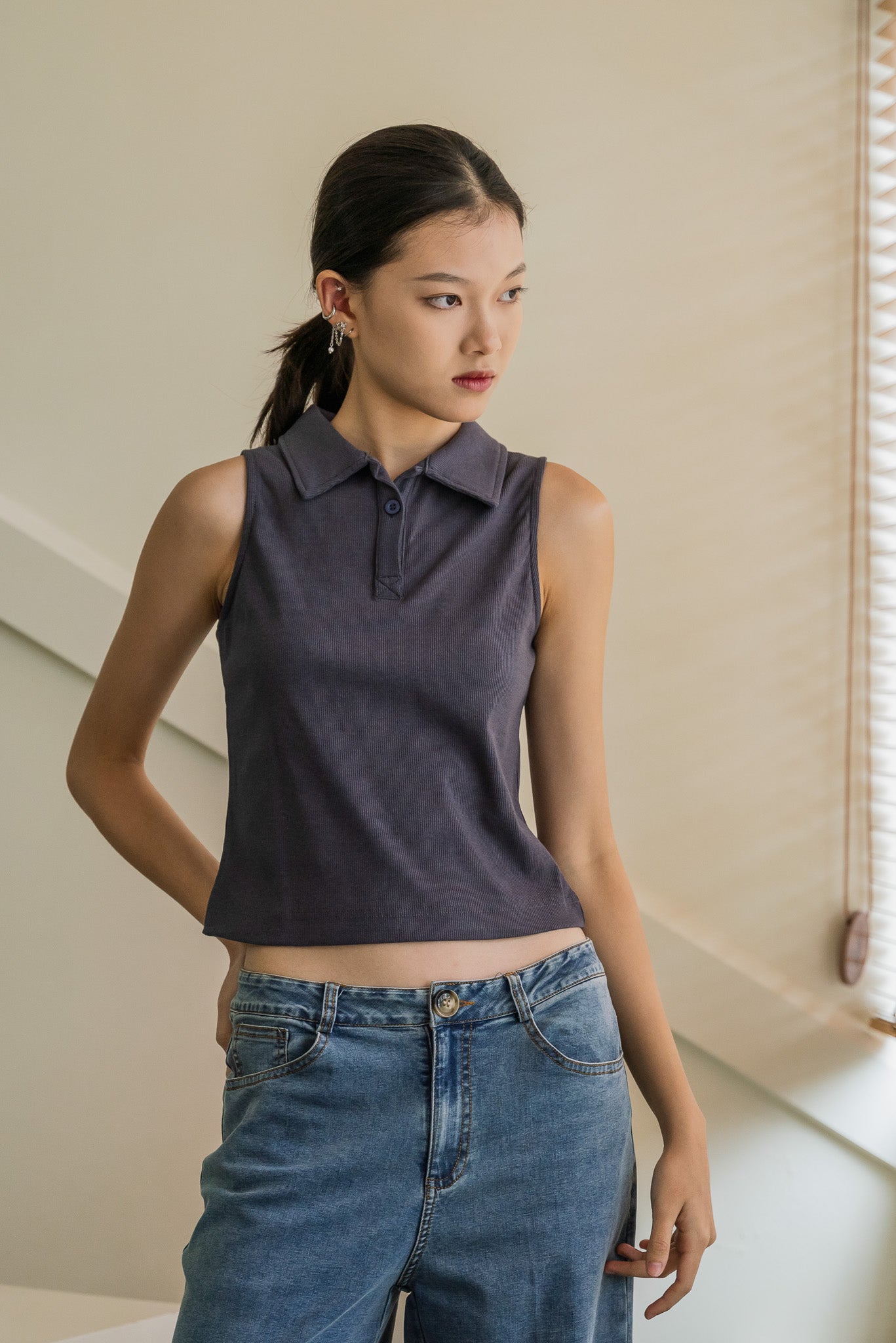 Ribbed Sleeveless Polo Tee in Dark Blue