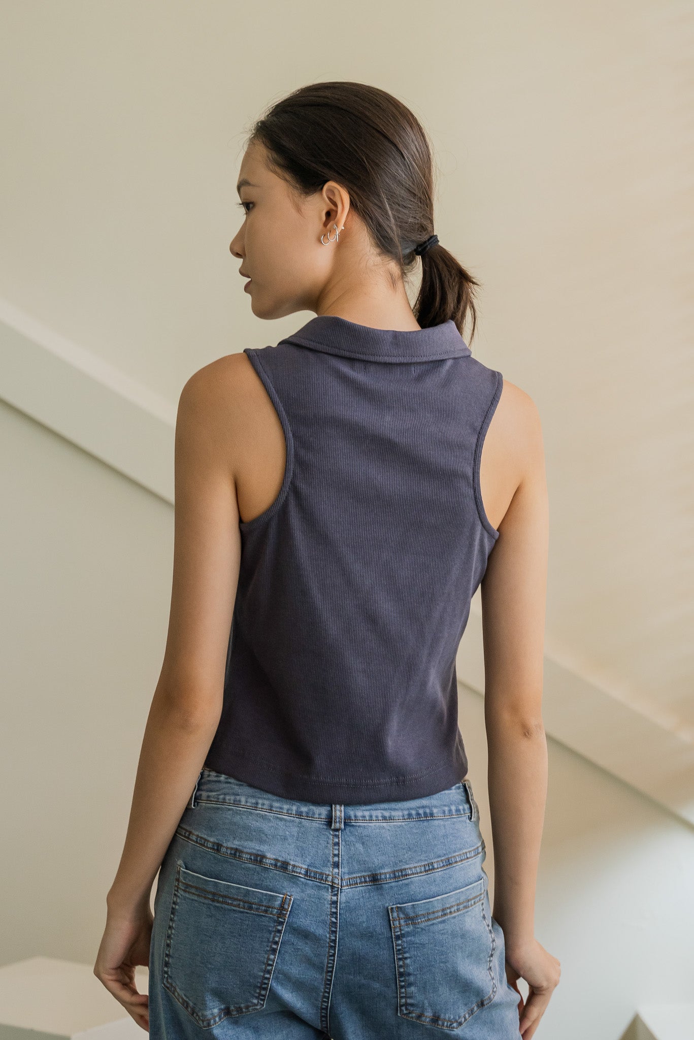 Ribbed Sleeveless Polo Tee in Dark Blue