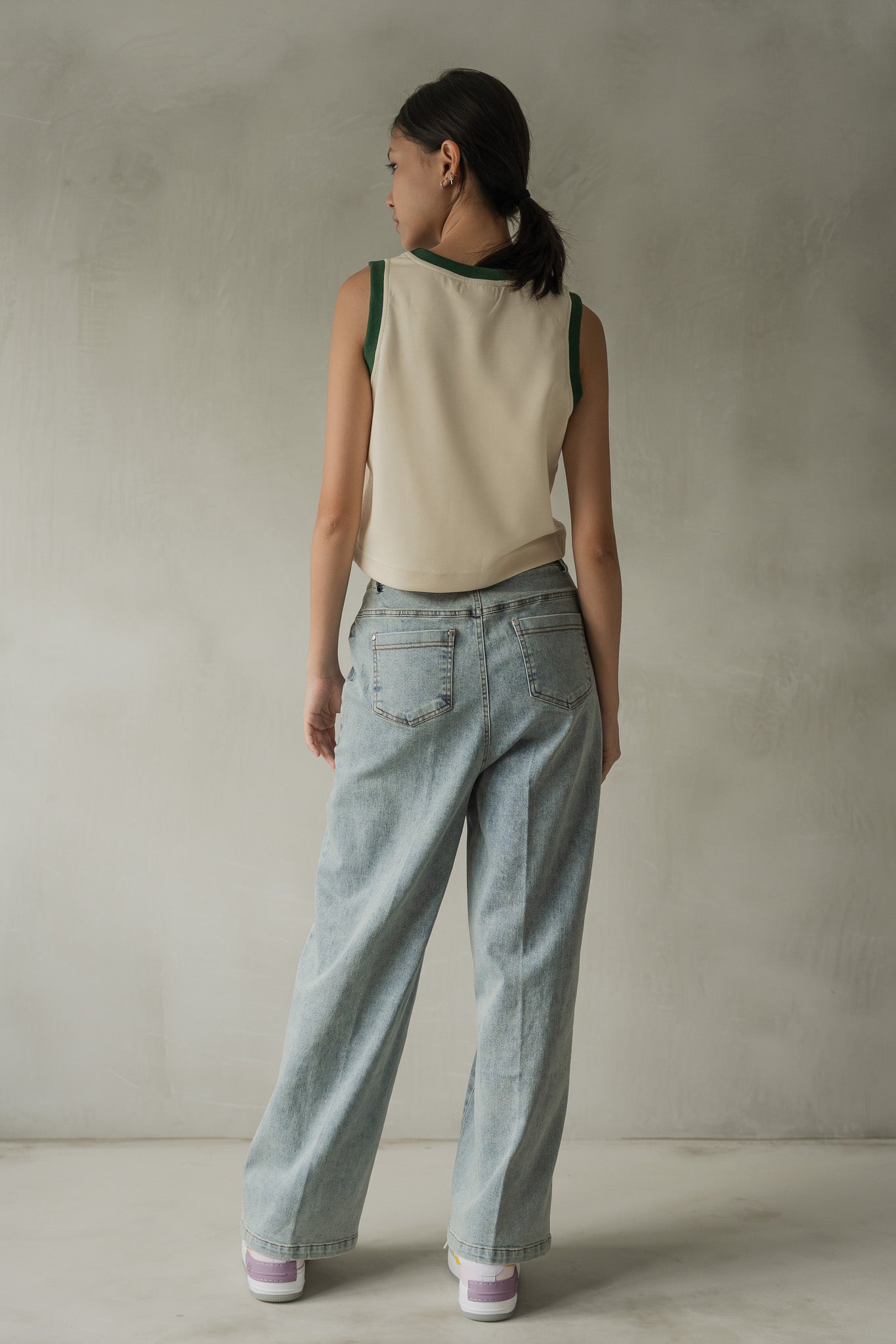 Scuba Knit Sleeveless Cropped Top in Cream/Green