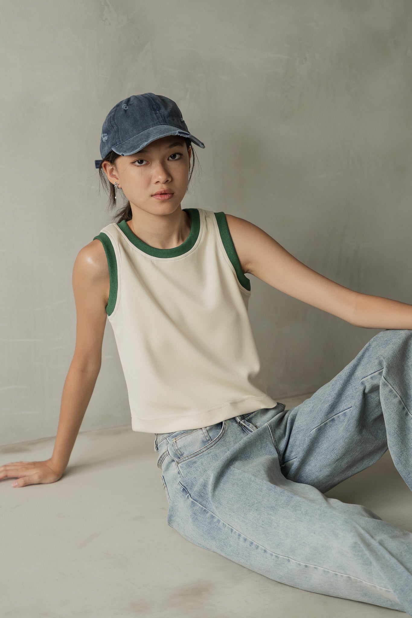 Scuba Knit Sleeveless Cropped Top in Cream/Green