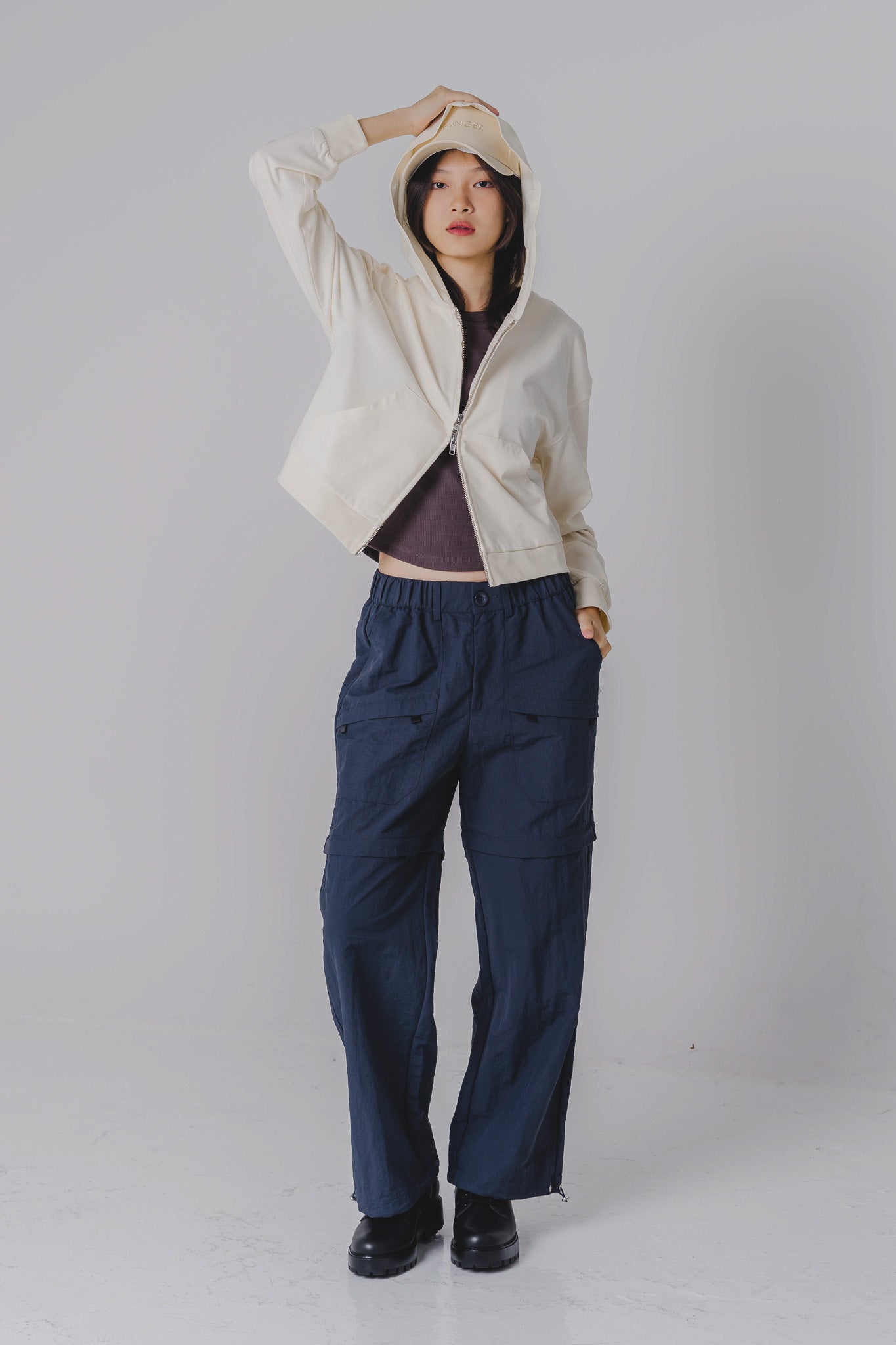 Two-way Zipper Cropped Hoodie in Cream