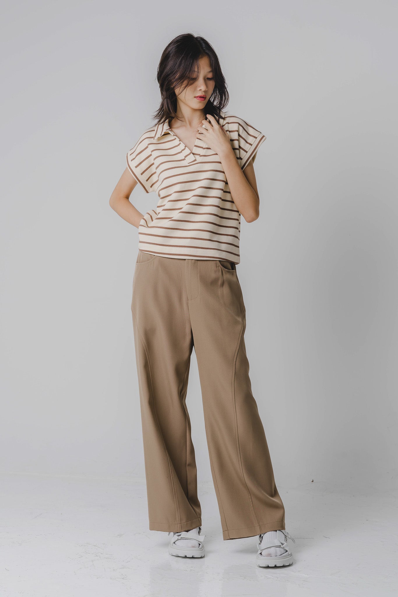 Striped Polo Tee in Khaki