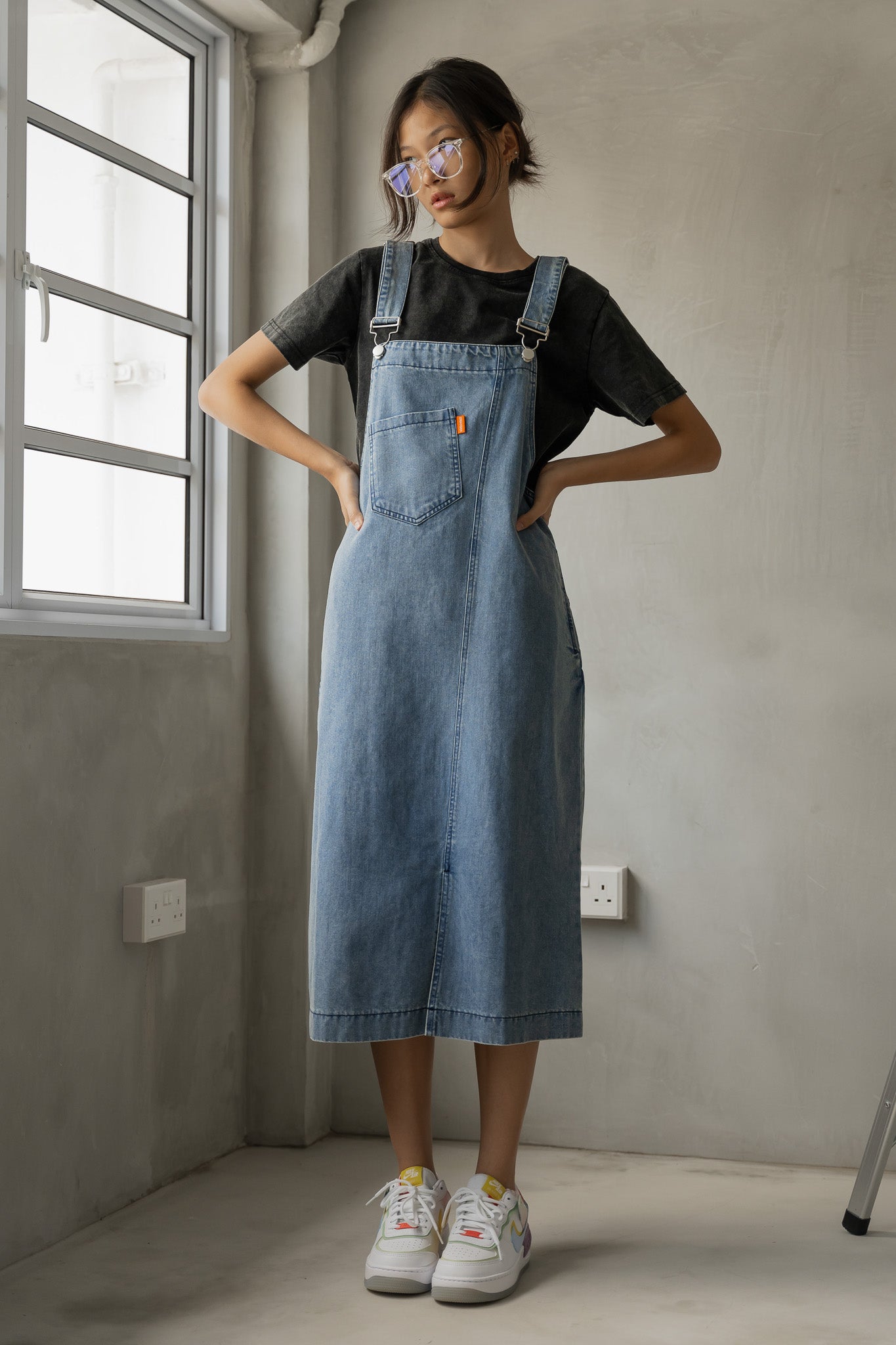 Side Slit Denim Dungaree Dress in Light Wash First Stitch Side Slit Denim Dungaree Dress in Light Wash First Stitch
