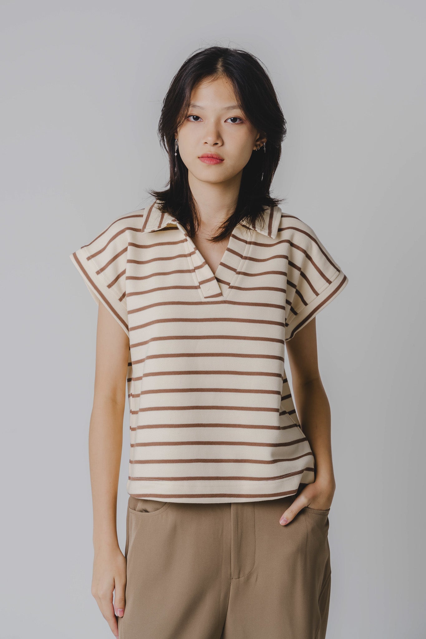 Striped Polo Tee in Khaki