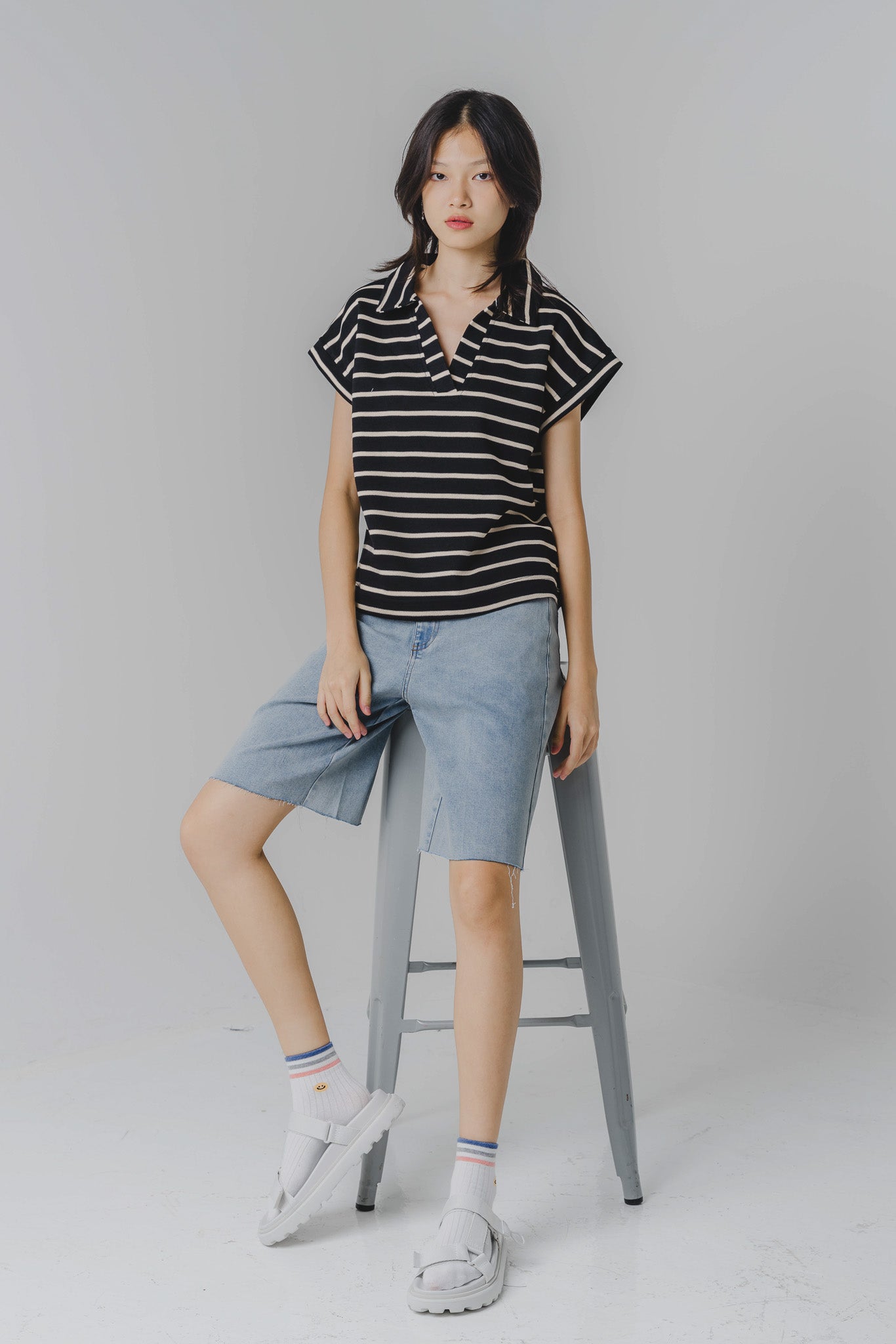 Striped Polo Tee in Black