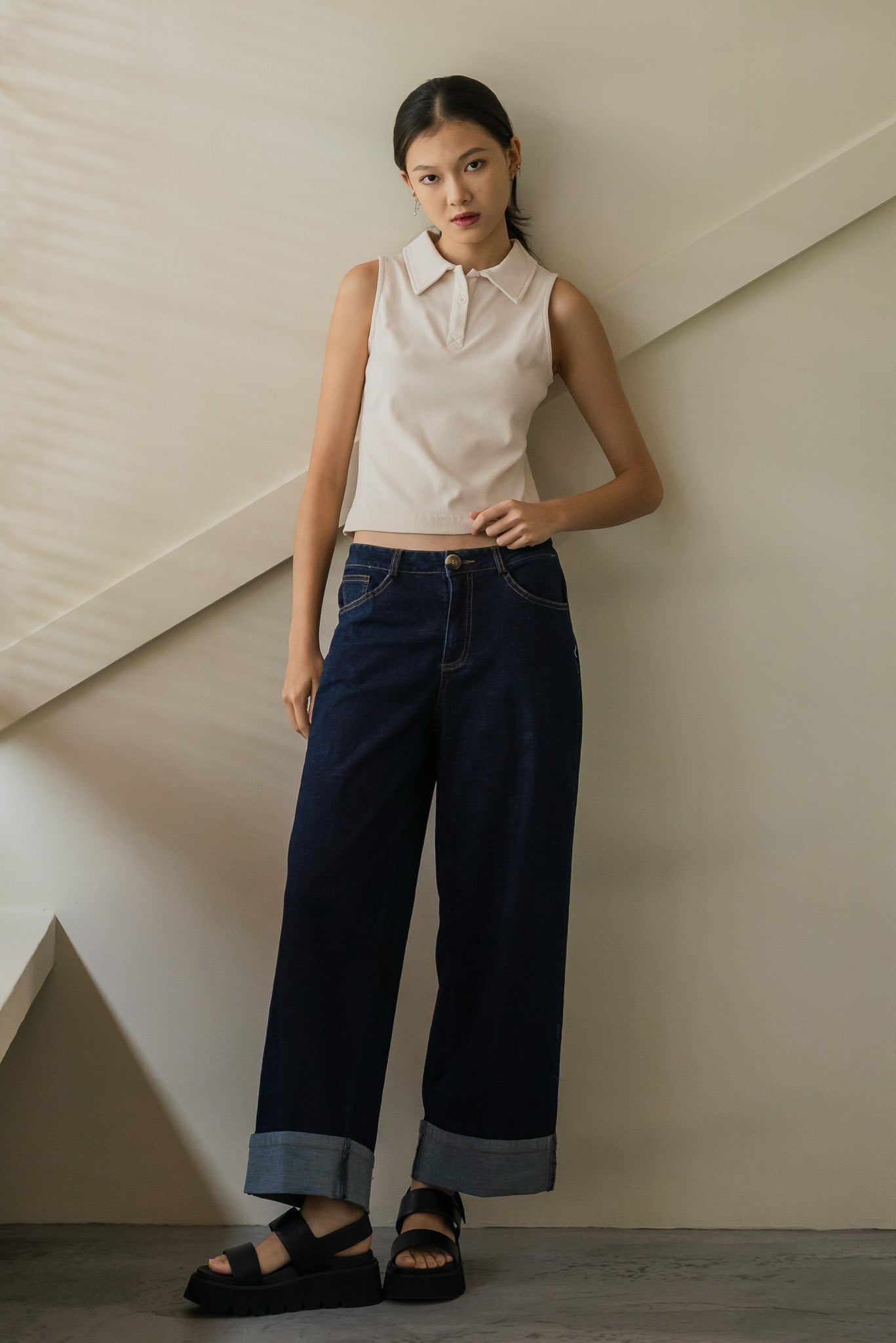 Ribbed Sleeveless Polo Tee in Cream