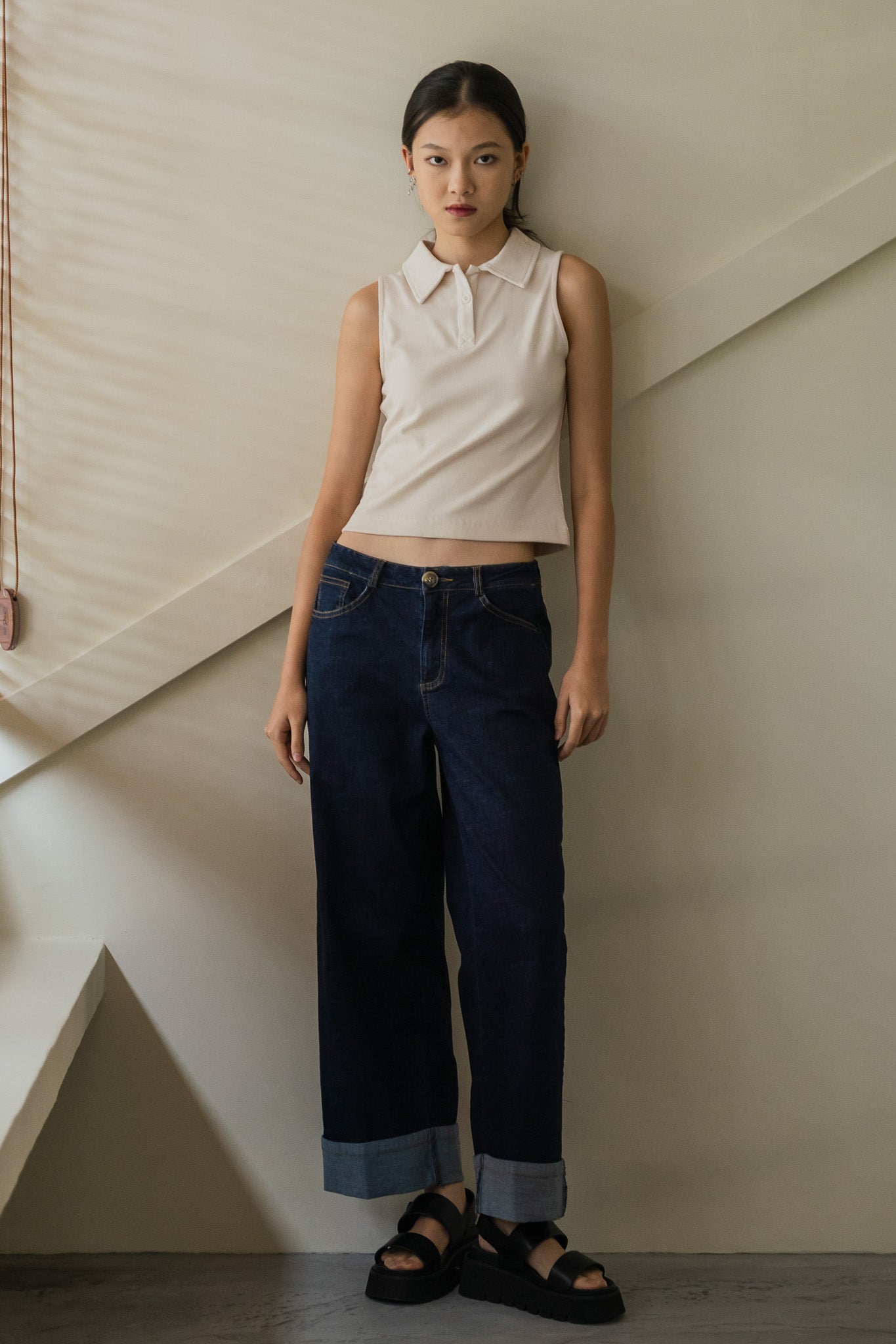 Ribbed Sleeveless Polo Tee in Cream