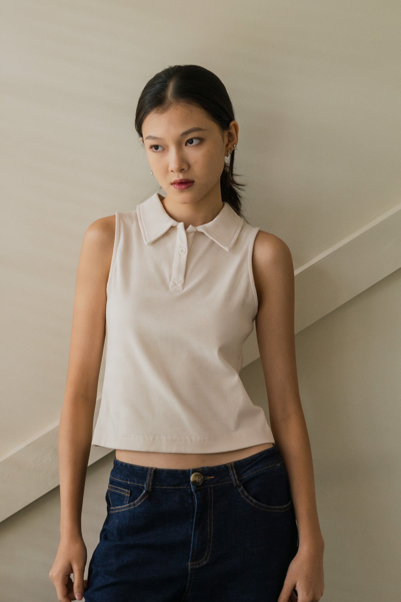 Ribbed Sleeveless Polo Tee in Cream