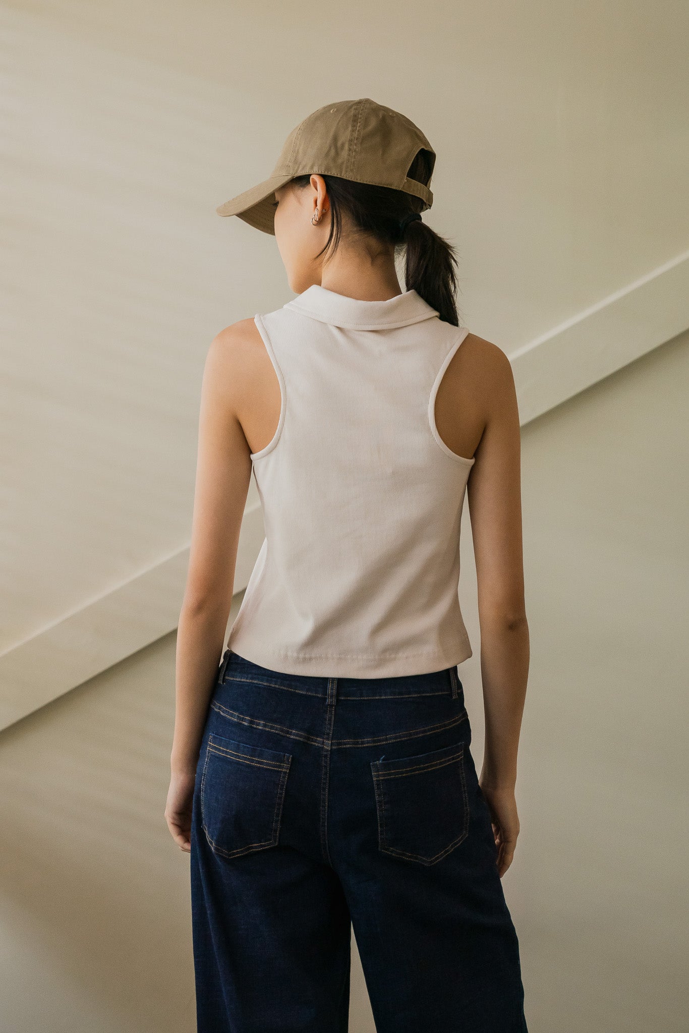Ribbed Sleeveless Polo Tee in Cream
