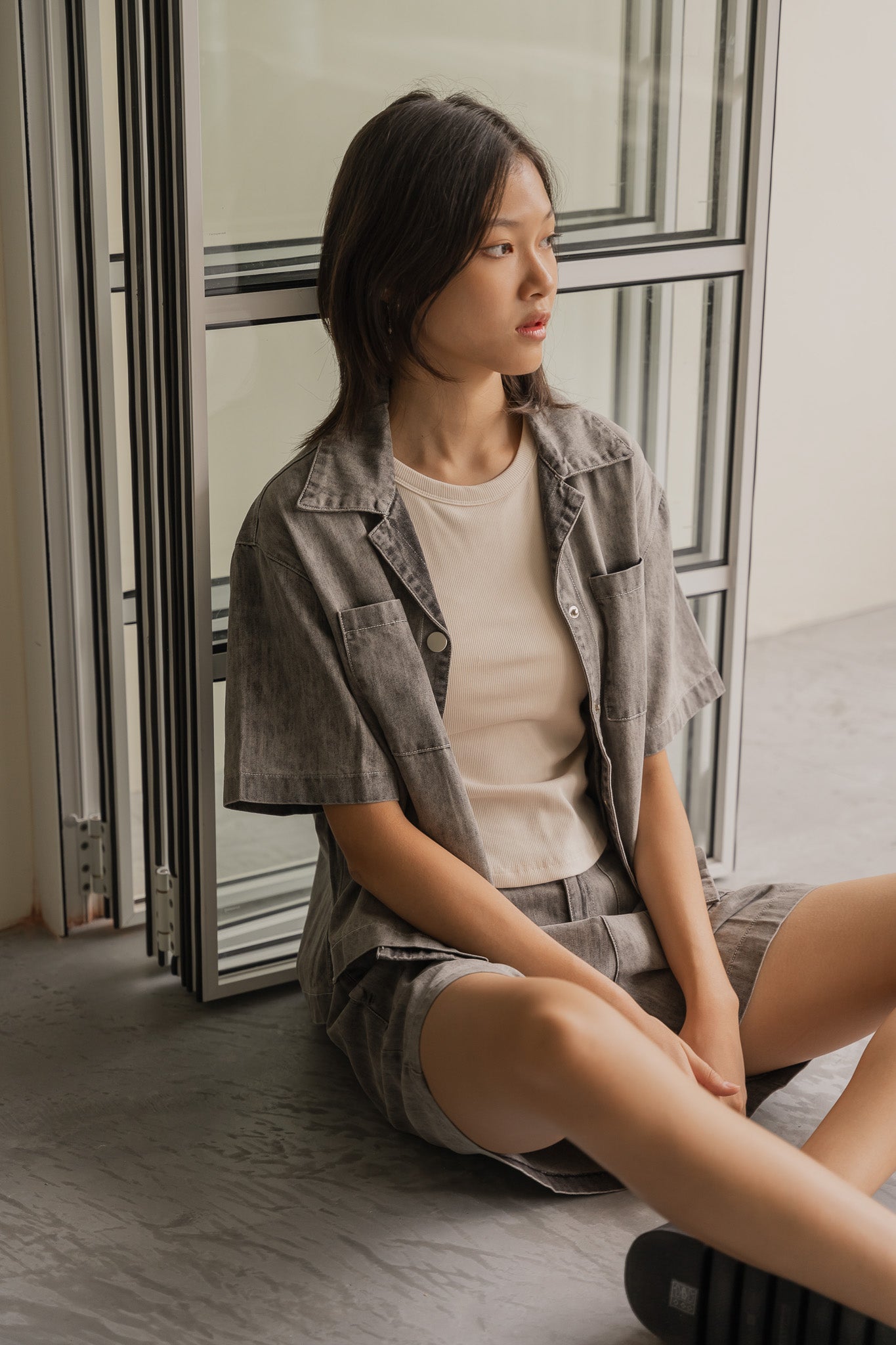 Oversized Denim Camp Collar Top in Light Grey