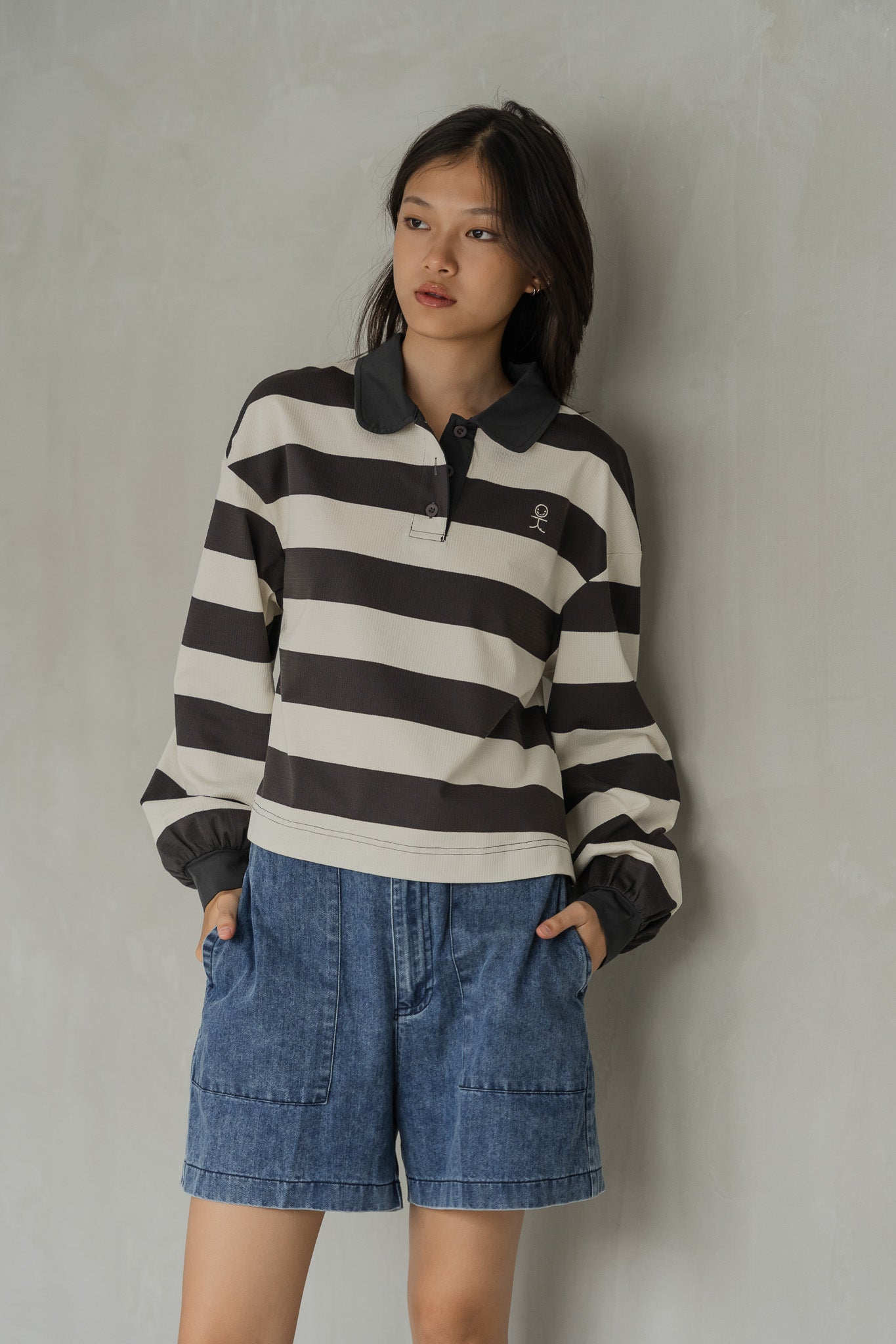 Striped Long Sleeve Polo in Dark Grey