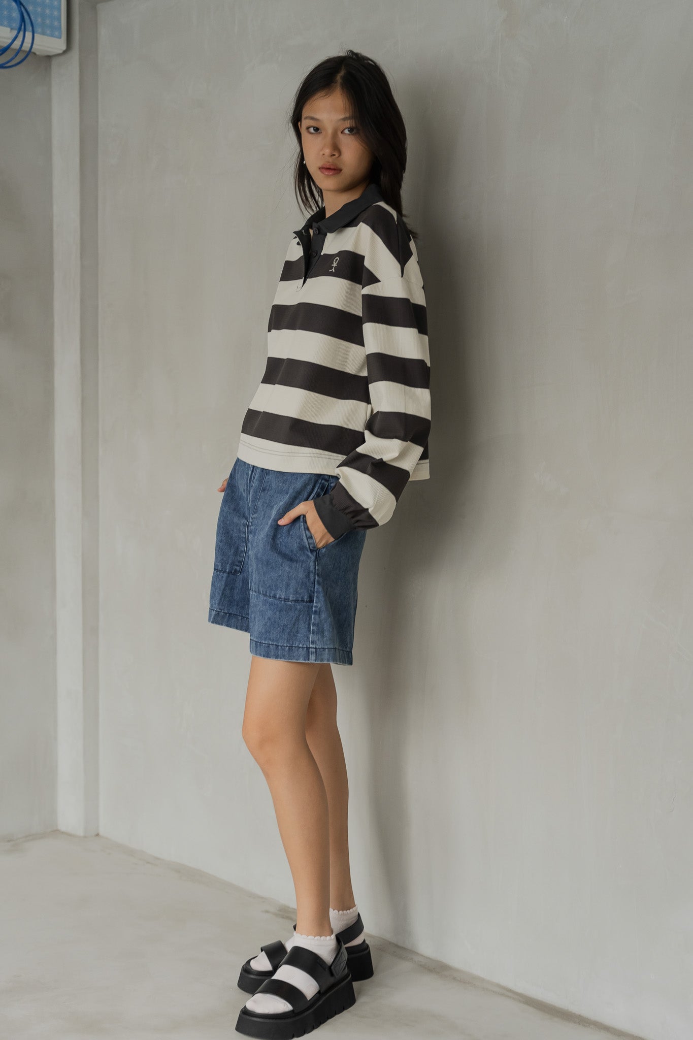 Striped Long Sleeve Polo in Dark Grey