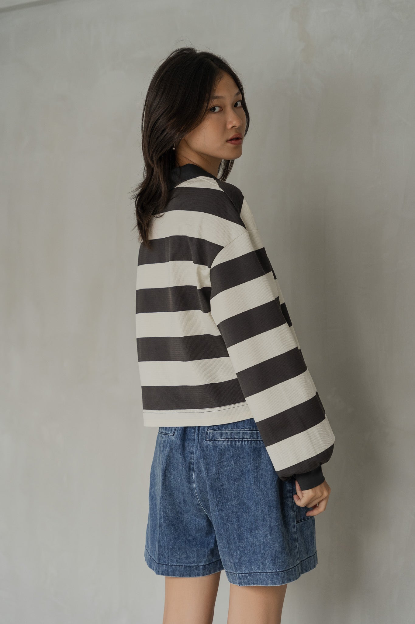 Striped Long Sleeve Polo in Dark Grey