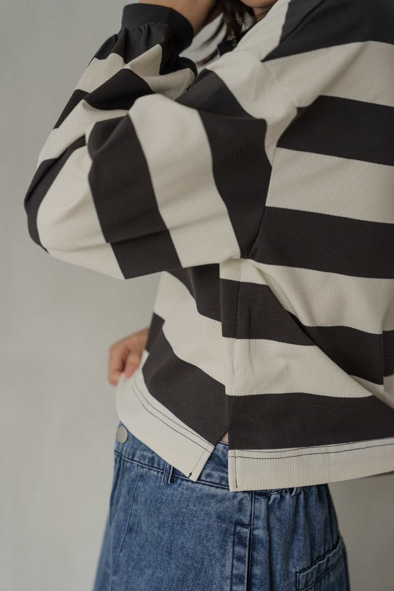 Striped Long Sleeve Polo in Dark Grey