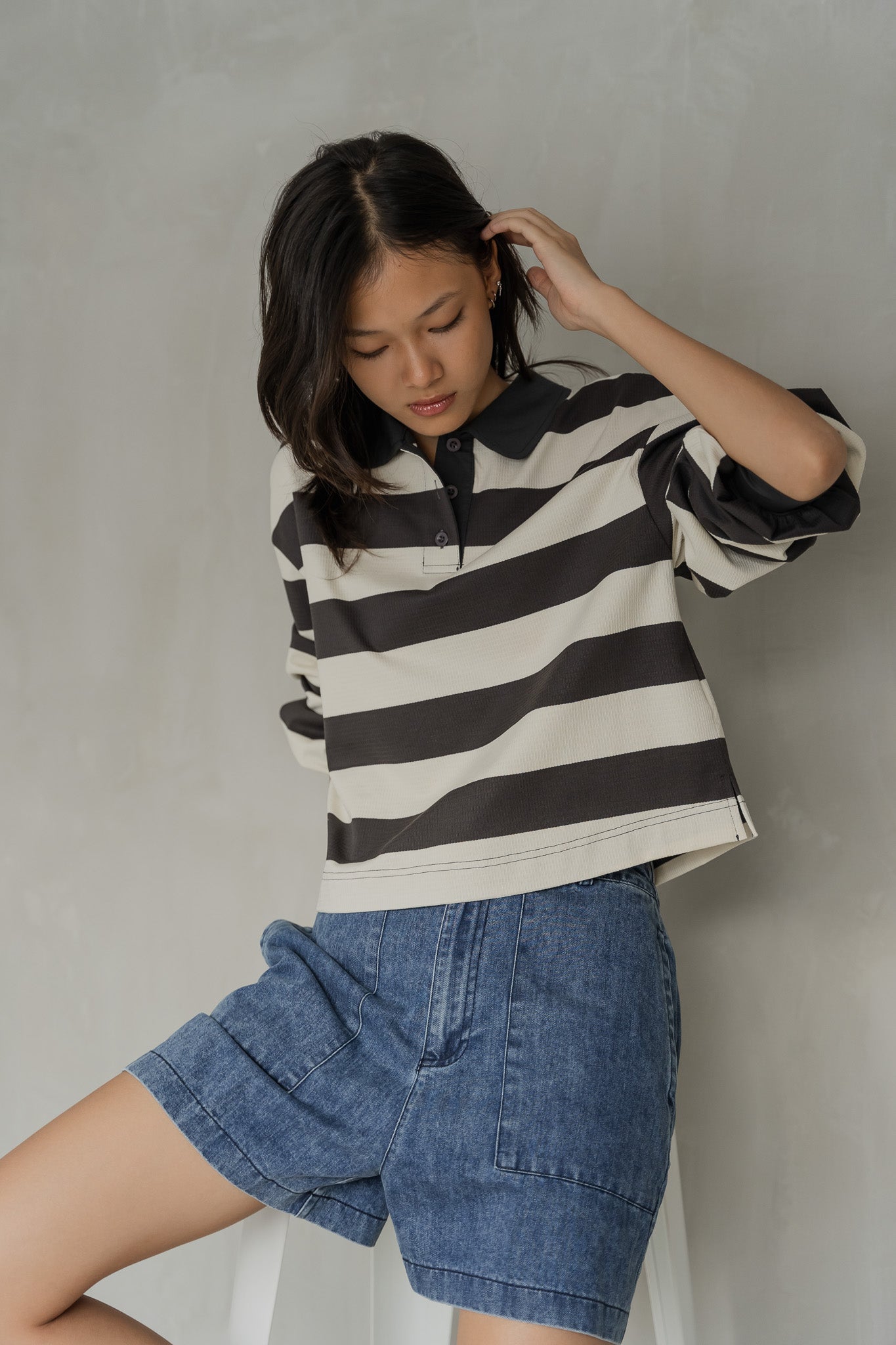 Striped Long Sleeve Polo in Dark Grey