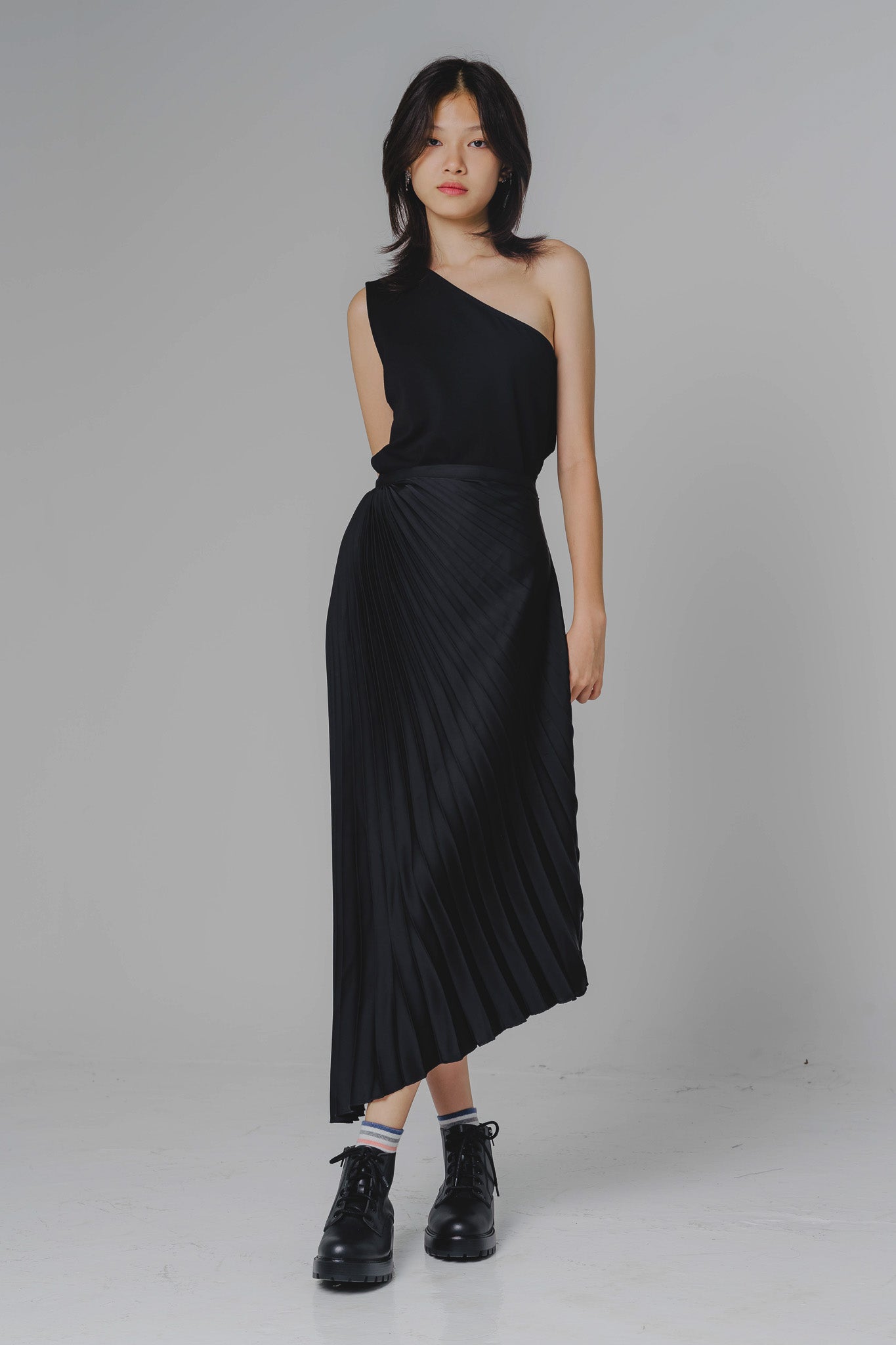 Asymmetrical Pleated Skirt in Black