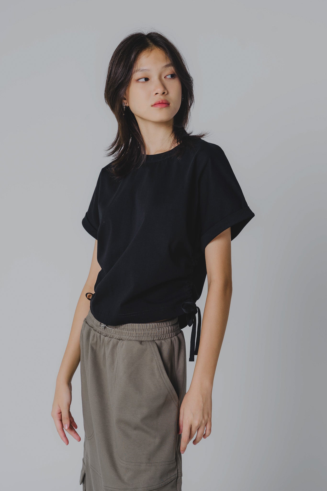 Side Ruched Cap Sleeve Top in Black