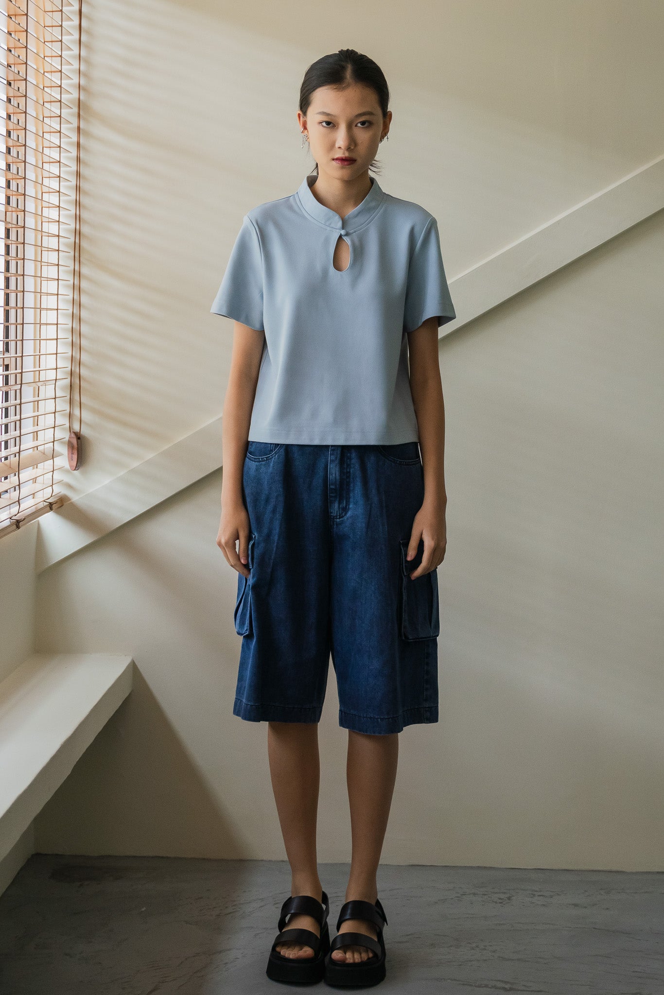Mandarin Cropped Top in Light Blue