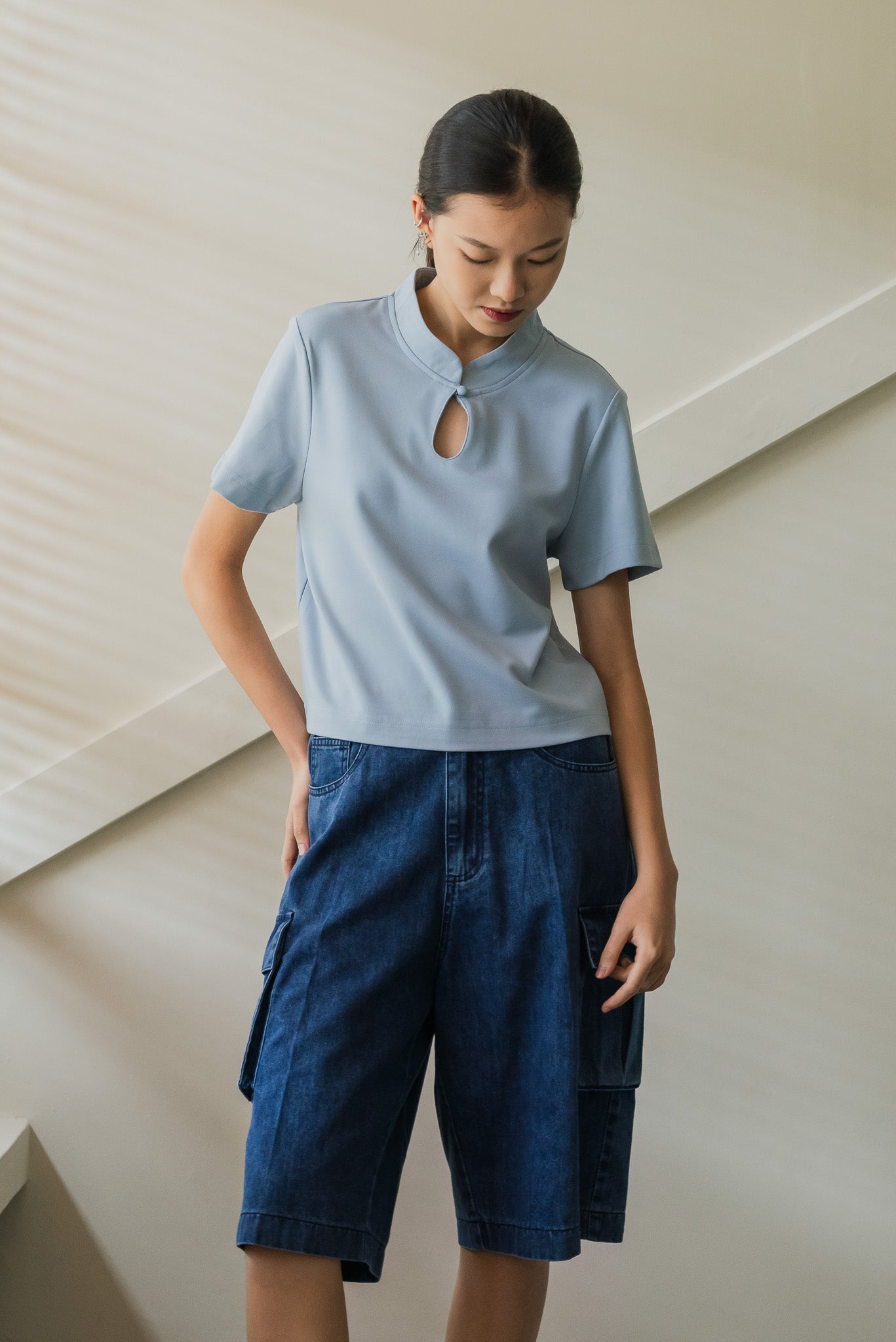 Mandarin Cropped Top in Light Blue