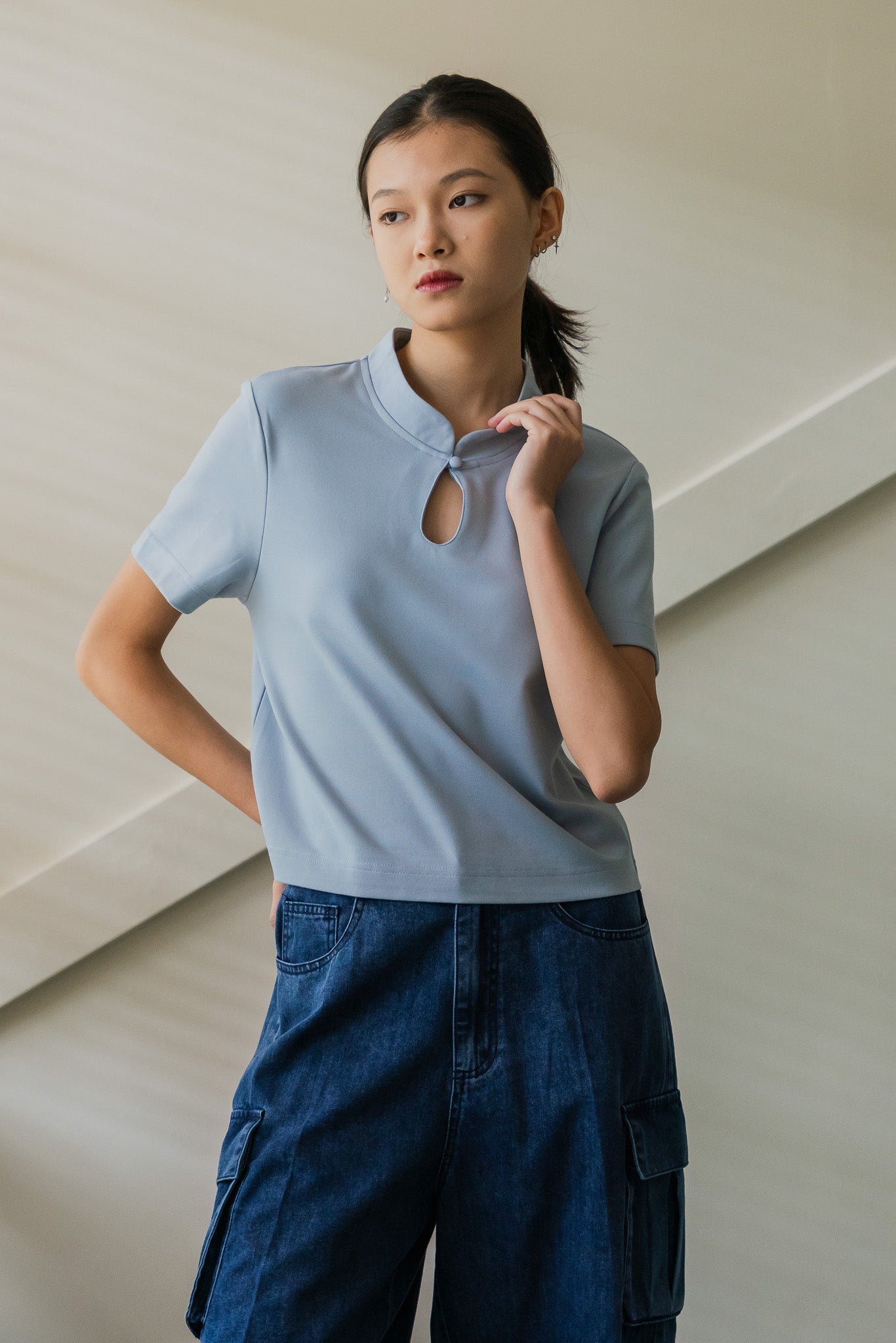 Mandarin Cropped Top in Light Blue
