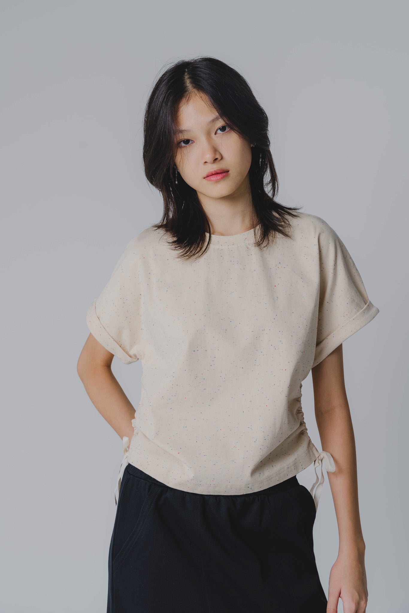 Side Ruched Cap Sleeve Top in Confetti