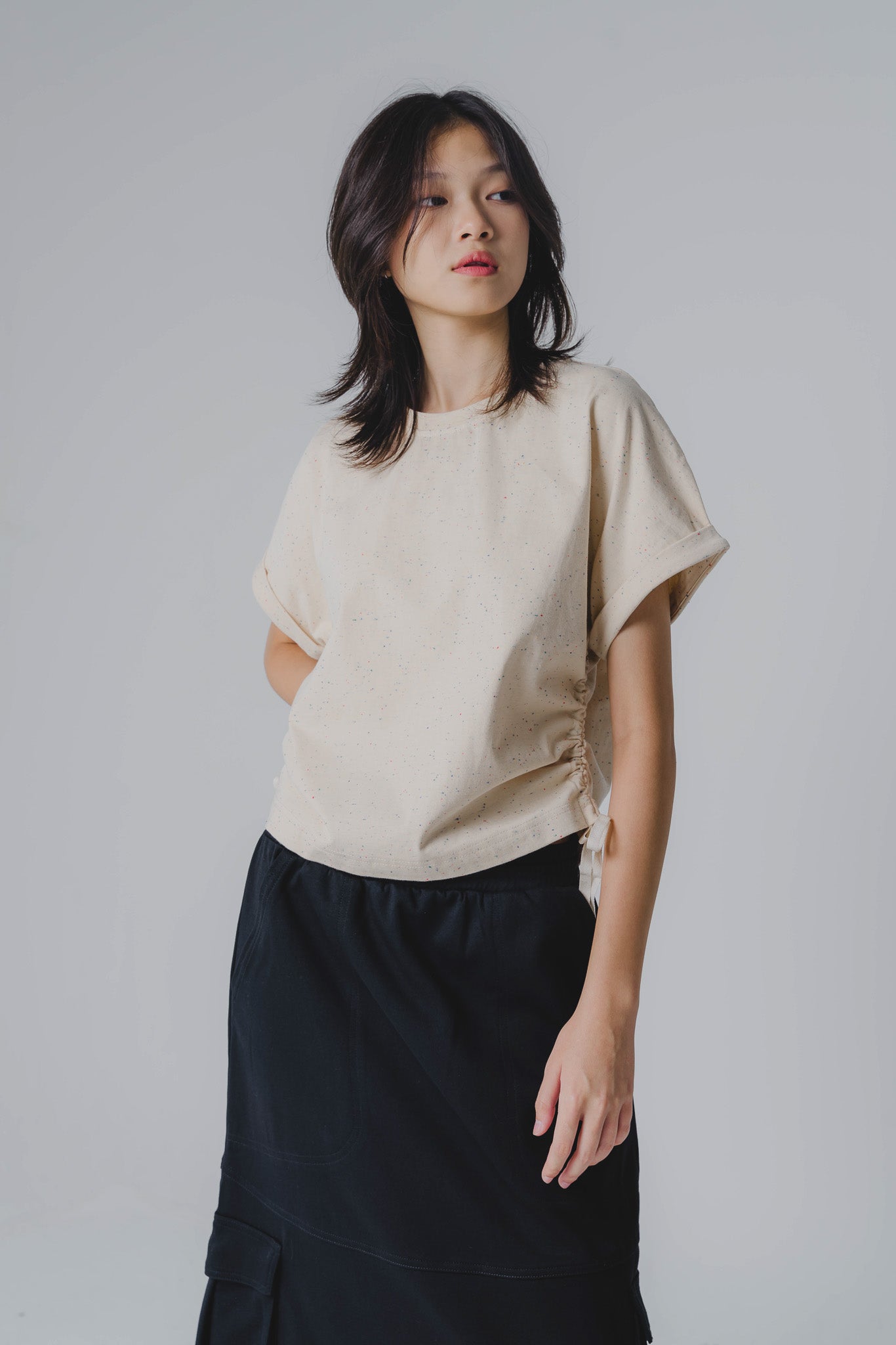 Side Ruched Cap Sleeve Top in Confetti