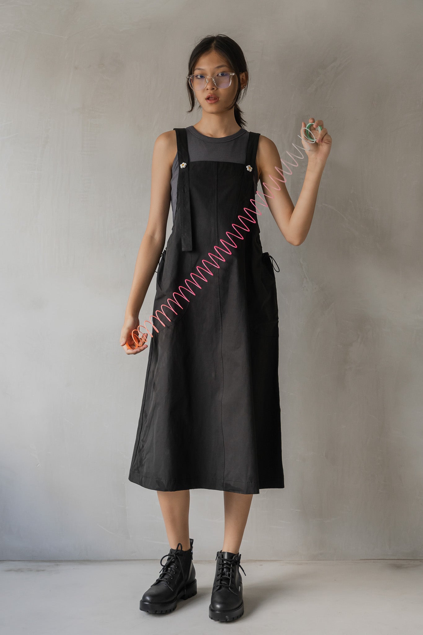 Nylon Bib Dress in Black
