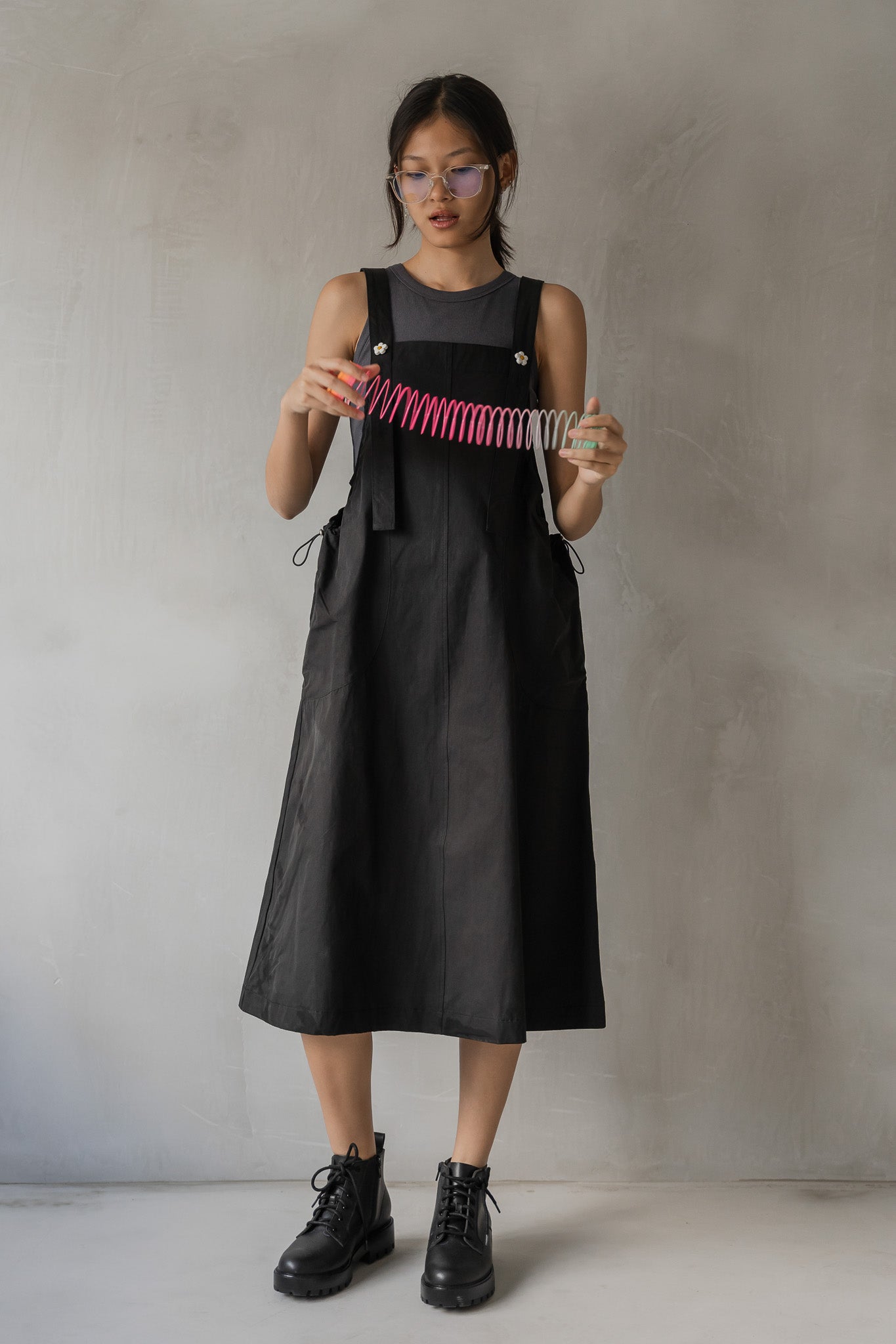 Nylon Bib Dress in Black