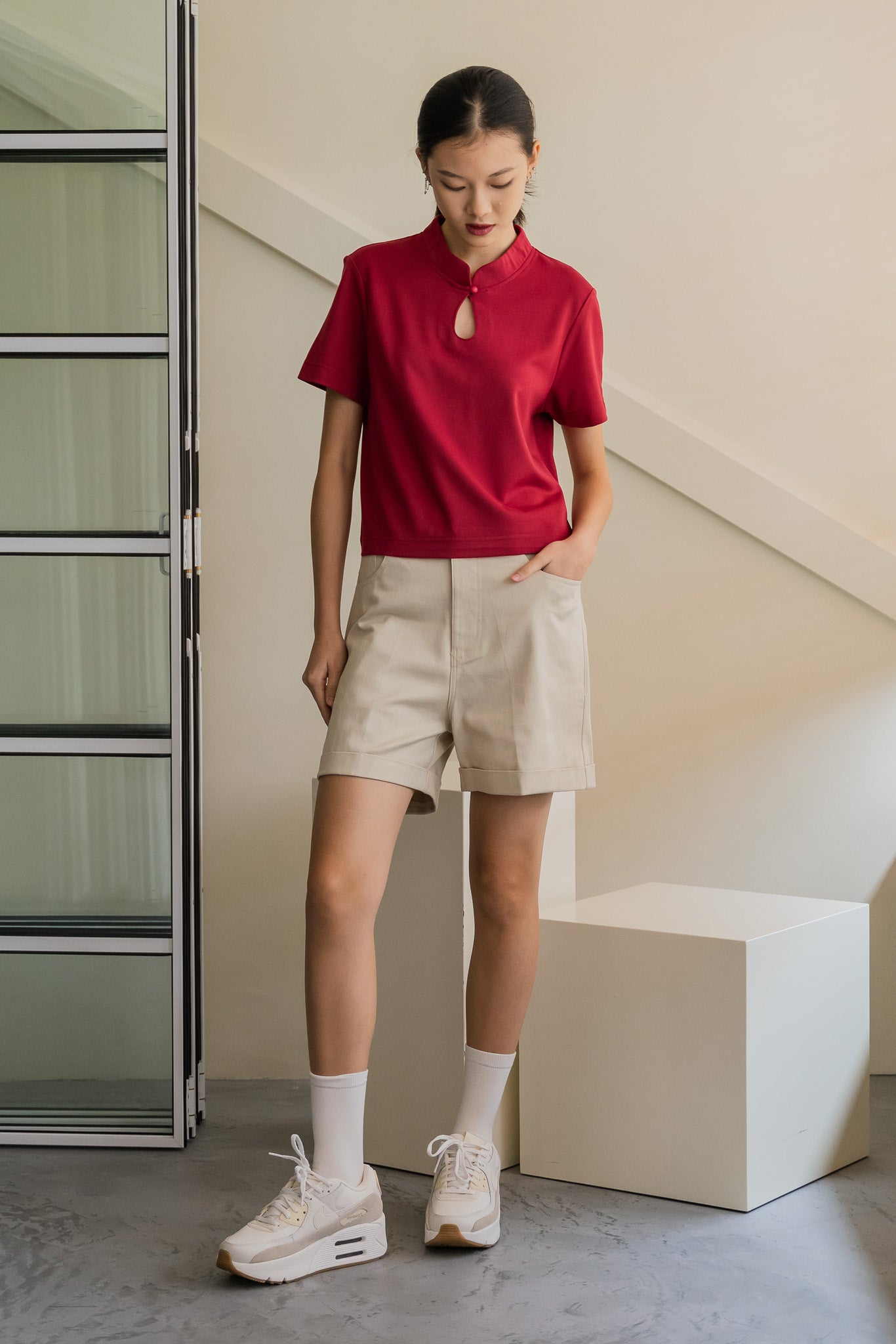 Cuffed Twill Shorts in Cream
