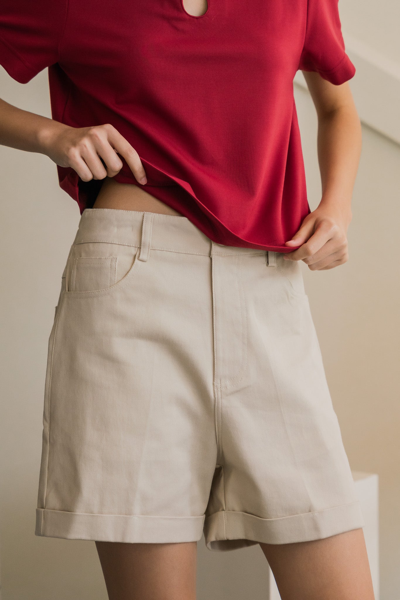 Cuffed Twill Shorts in Cream