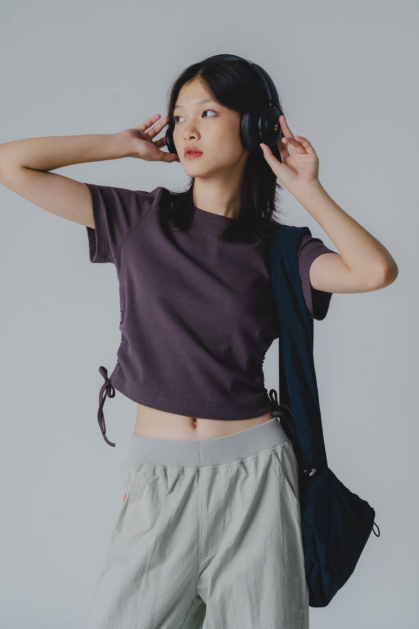 Side Drawstring Baby Tee in Dark Grey