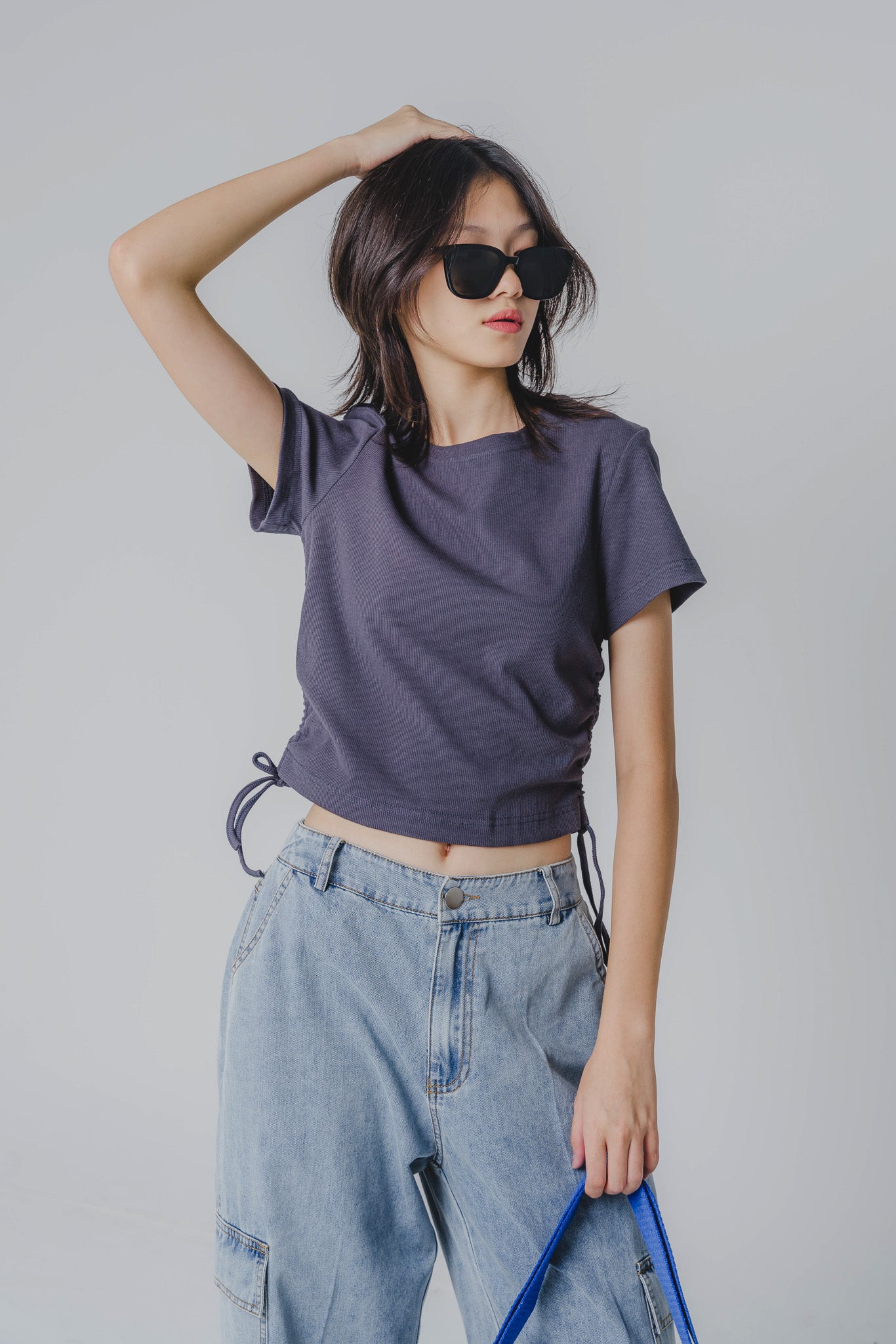 Side Drawstring Baby Tee in Dark Blue