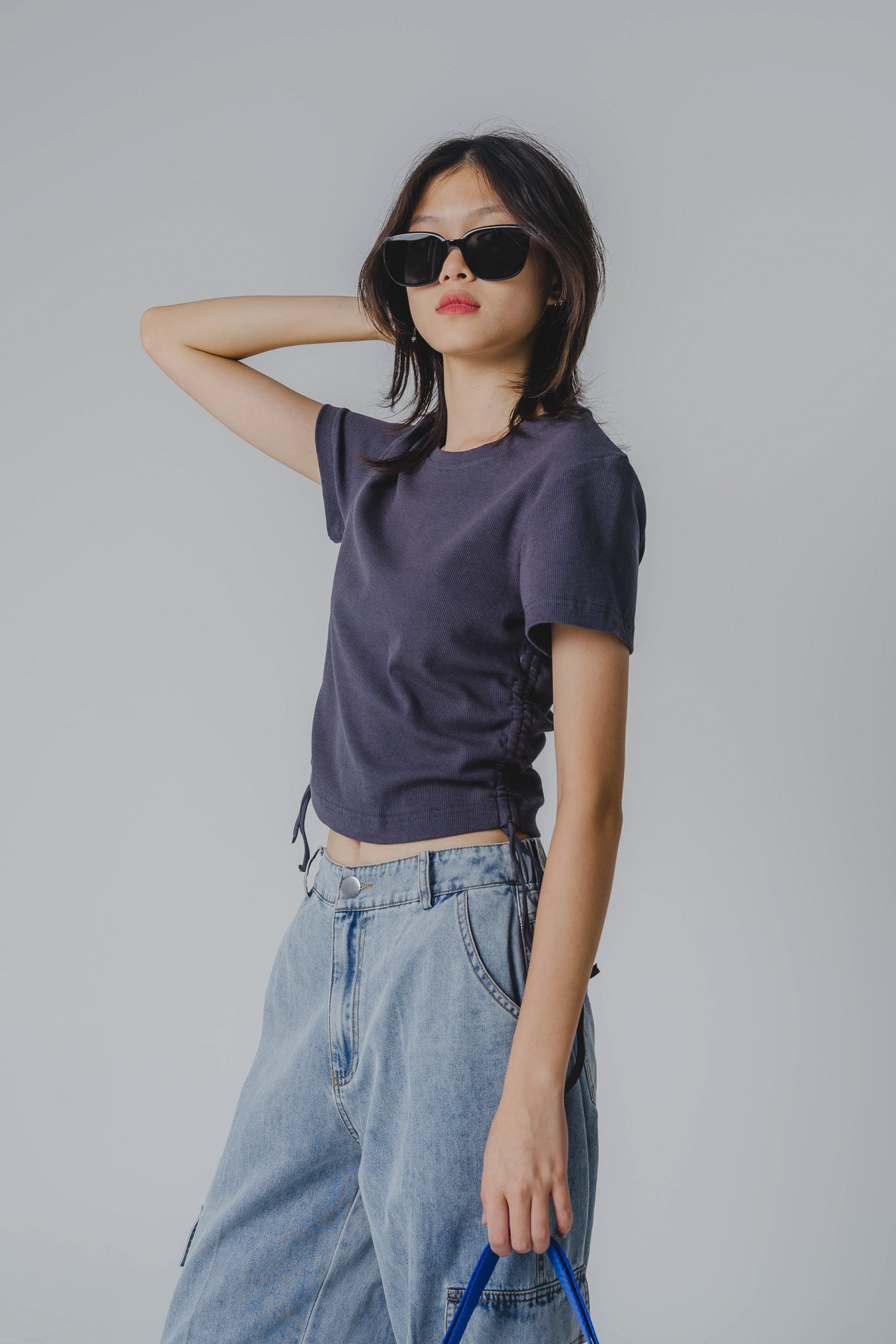 Side Drawstring Baby Tee in Dark Blue